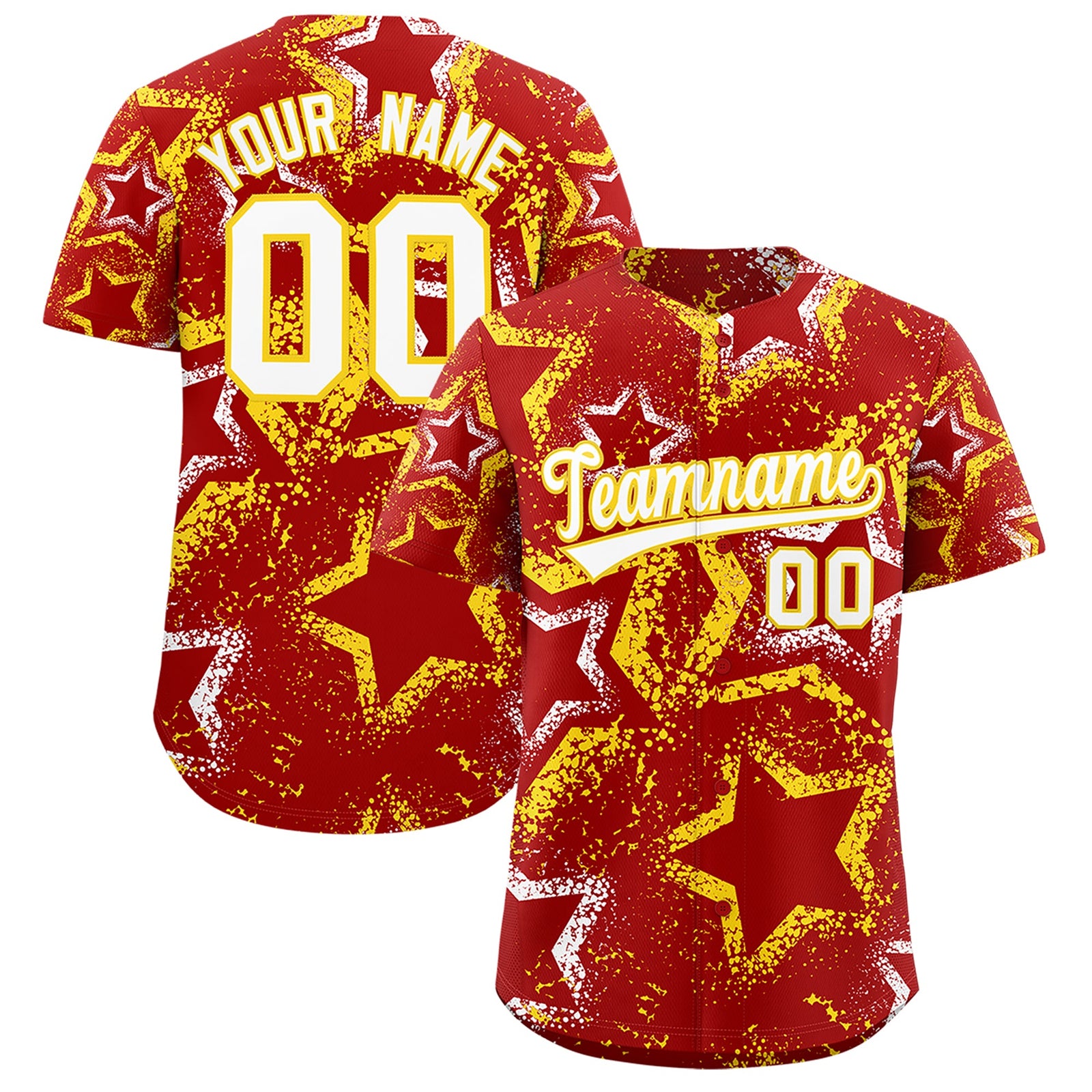 Custom Red White Gold Star-Shaped Ink Texture Graffiti Pattern Baseball Jersey | Sublimation Printed & Stitched,Add Name and Numbern,Perfect for Parties,Perfect for Training | KXKSHOP
