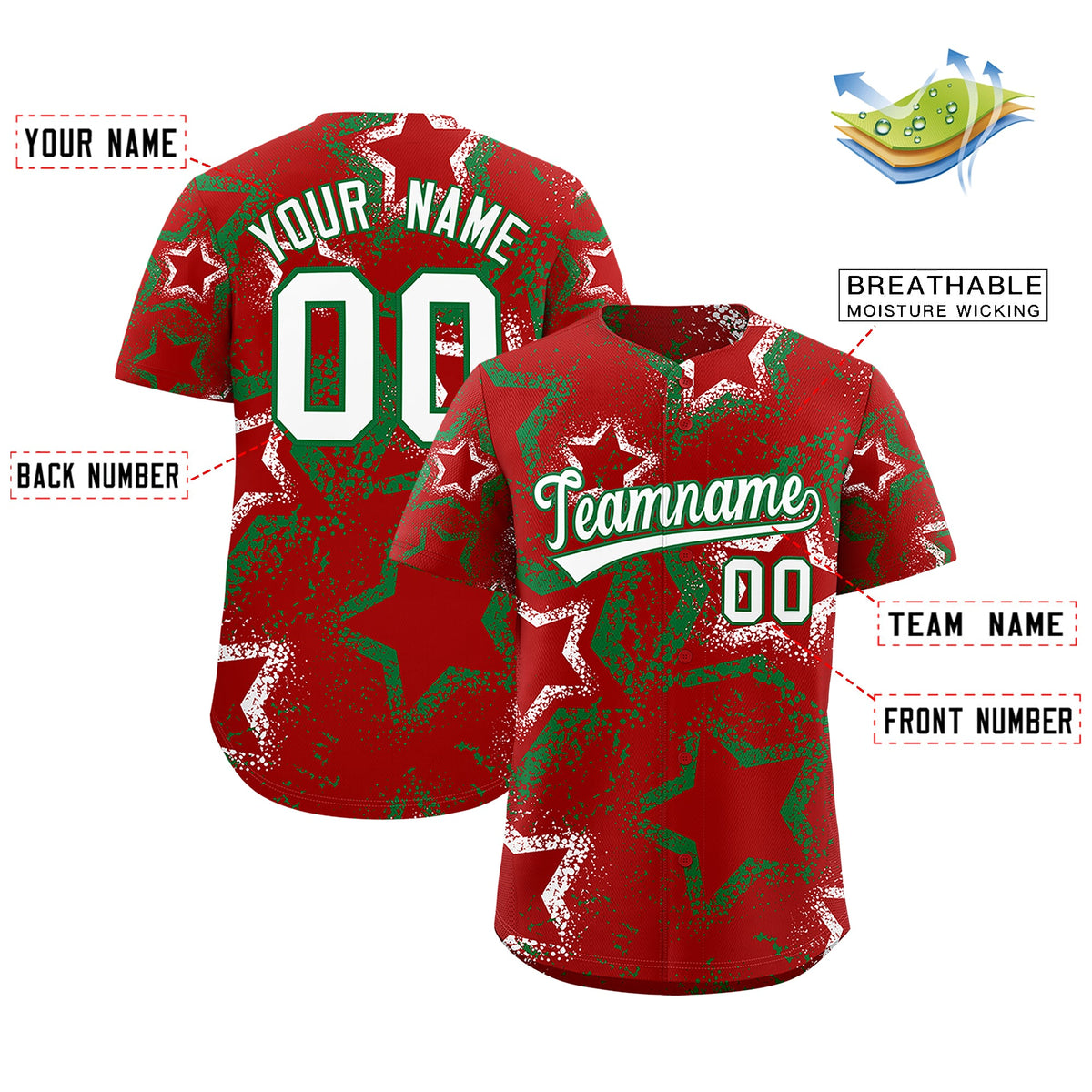 Custom Red White Kelly Green Star-Shaped Ink Texture Graffiti Pattern Baseball Jersey | Sublimation Printed &amp; Stitched,Add Name and Numbern,Perfect for Parties,Perfect for Training | KXKSHOP