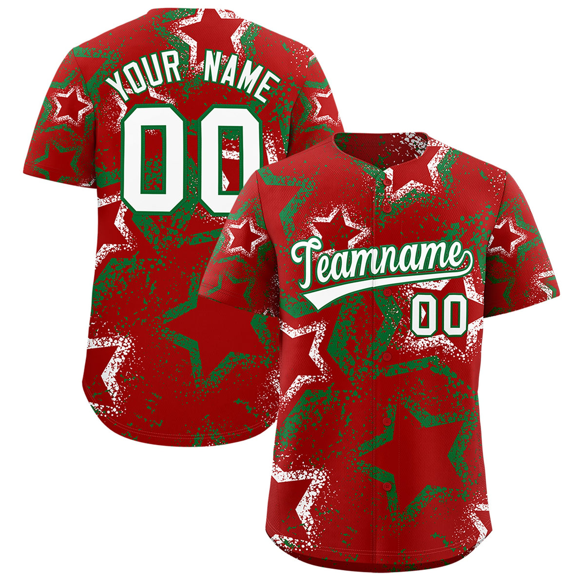 Custom Red White Kelly Green Star-Shaped Ink Texture Graffiti Pattern Baseball Jersey | Sublimation Printed &amp; Stitched,Add Name and Numbern,Perfect for Parties,Perfect for Training | KXKSHOP