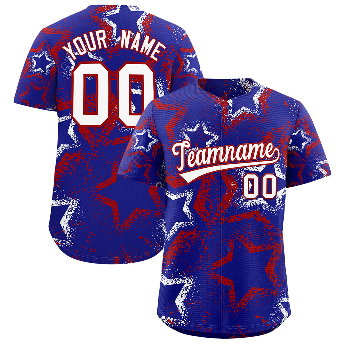 Custom Royal Blue White Red Star-Shaped Ink Texture Graffiti Pattern Baseball Jersey | Sublimation Printed &amp; Stitched,Add Name and Numbern,Perfect for Parties,Perfect for Training | KXKSHOP