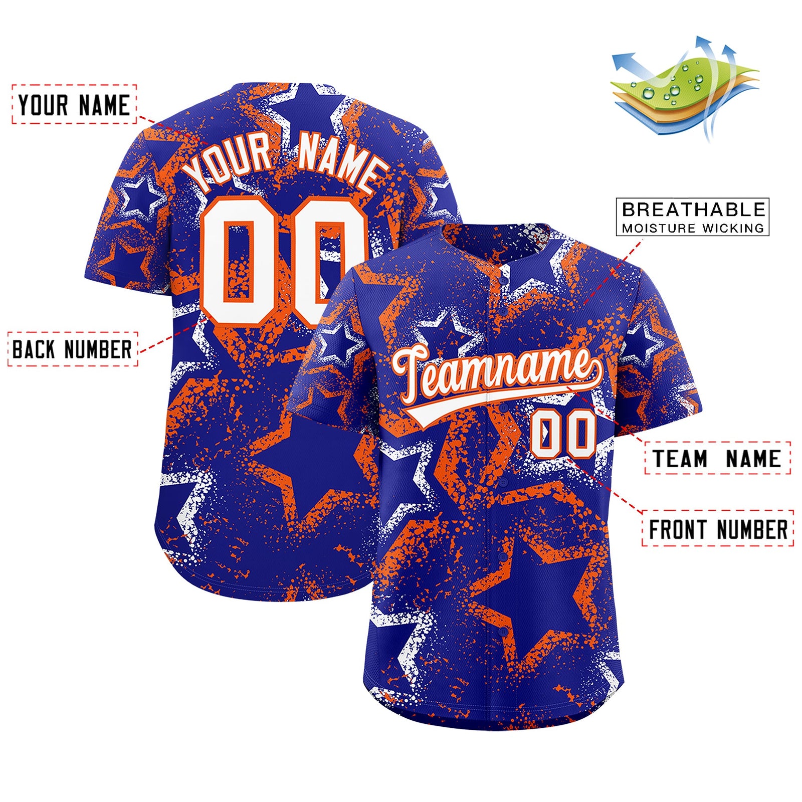 Custom Royal Blue White Orange Star-Shaped Ink Texture Graffiti Pattern Baseball Jersey | Sublimation Printed & Stitched,Add Name and Numbern,Perfect for Parties,Perfect for Training | KXKSHOP