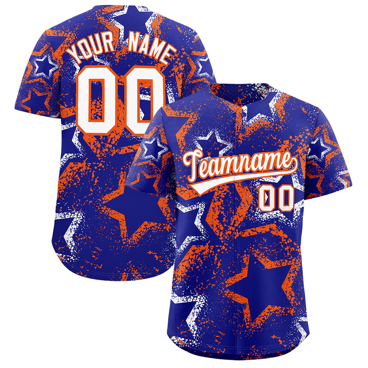 Custom Royal Blue White Orange Star-Shaped Ink Texture Graffiti Pattern Baseball Jersey | Sublimation Printed &amp; Stitched,Add Name and Numbern,Perfect for Parties,Perfect for Training | KXKSHOP