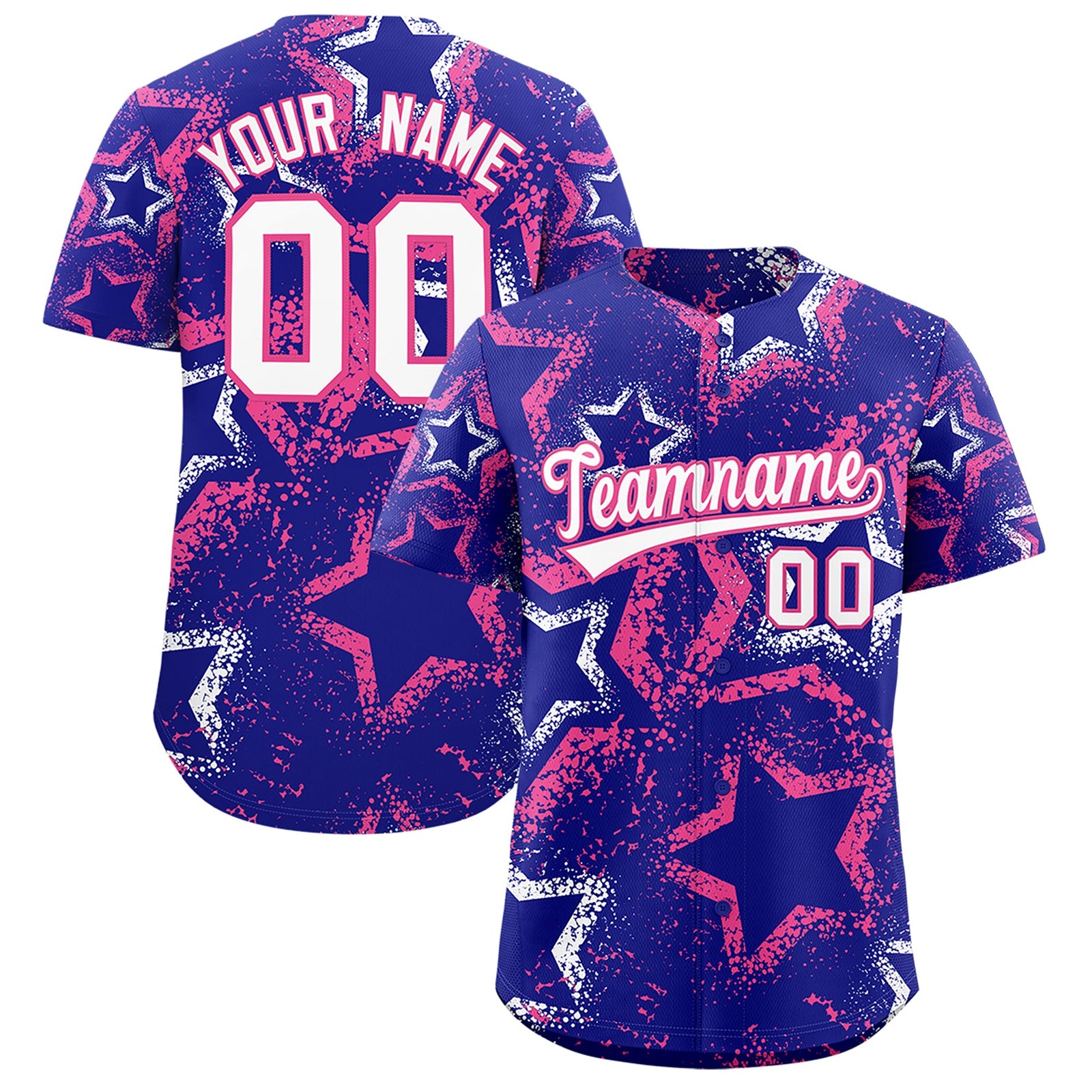 Custom Royal Blue White Pink Star-Shaped Ink Texture Graffiti Pattern Baseball Jersey | Sublimation Printed & Stitched,Add Name and Numbern,Perfect for Parties,Perfect for Training | KXKSHOP
