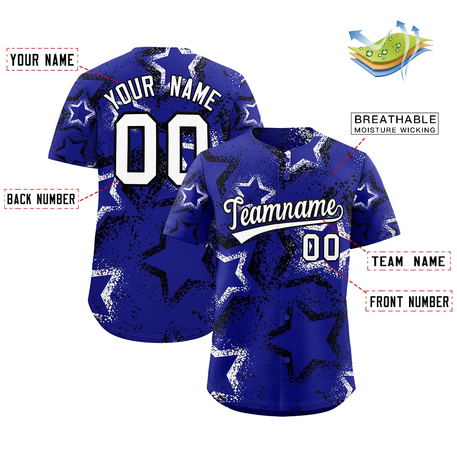 Custom Royal Blue Black White Star-Shaped Ink Texture Graffiti Pattern Baseball Jersey | Sublimation Printed & Stitched,Add Name and Numbern,Perfect for Parties,Perfect for Training | KXKSHOP