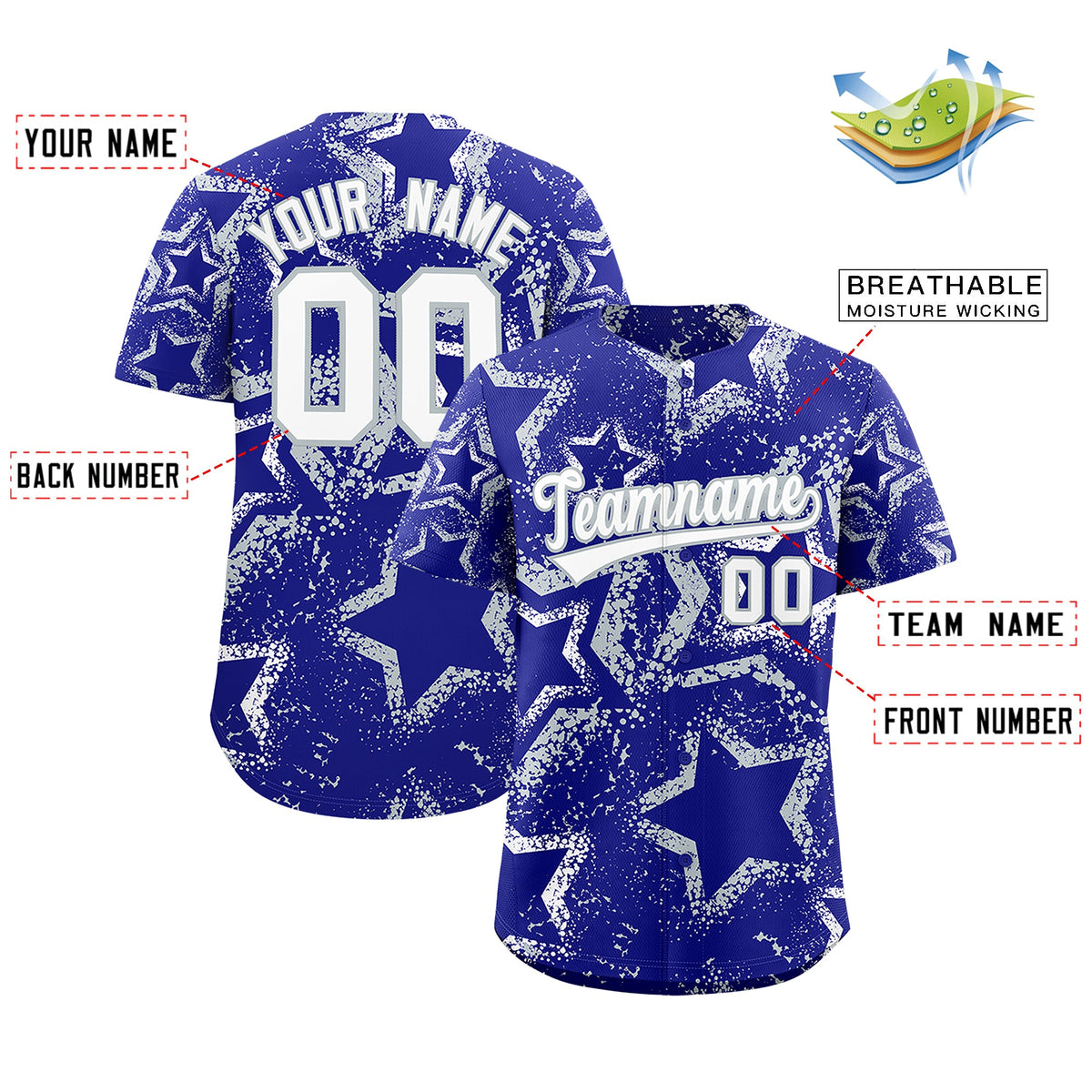 Custom Royal Blue White Silver Star-Shaped Ink Texture Graffiti Pattern Baseball Jersey | Sublimation Printed &amp; Stitched,Add Name and Numbern,Perfect for Parties,Perfect for Training | KXKSHOP