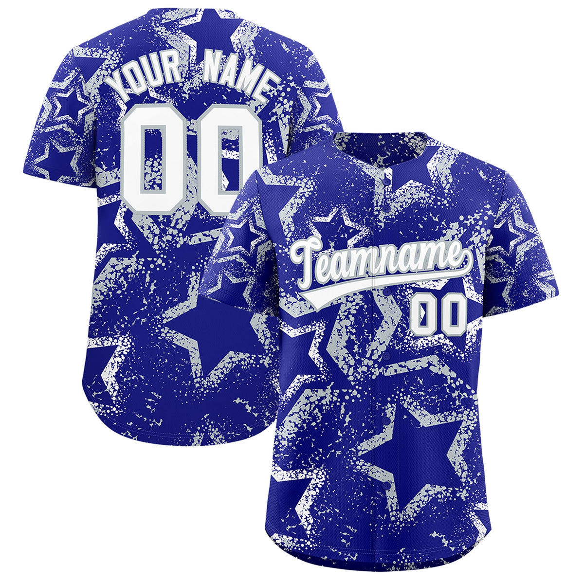 Custom Royal Blue White Silver Star-Shaped Ink Texture Graffiti Pattern Baseball Jersey | Sublimation Printed &amp; Stitched,Add Name and Numbern,Perfect for Parties,Perfect for Training | KXKSHOP