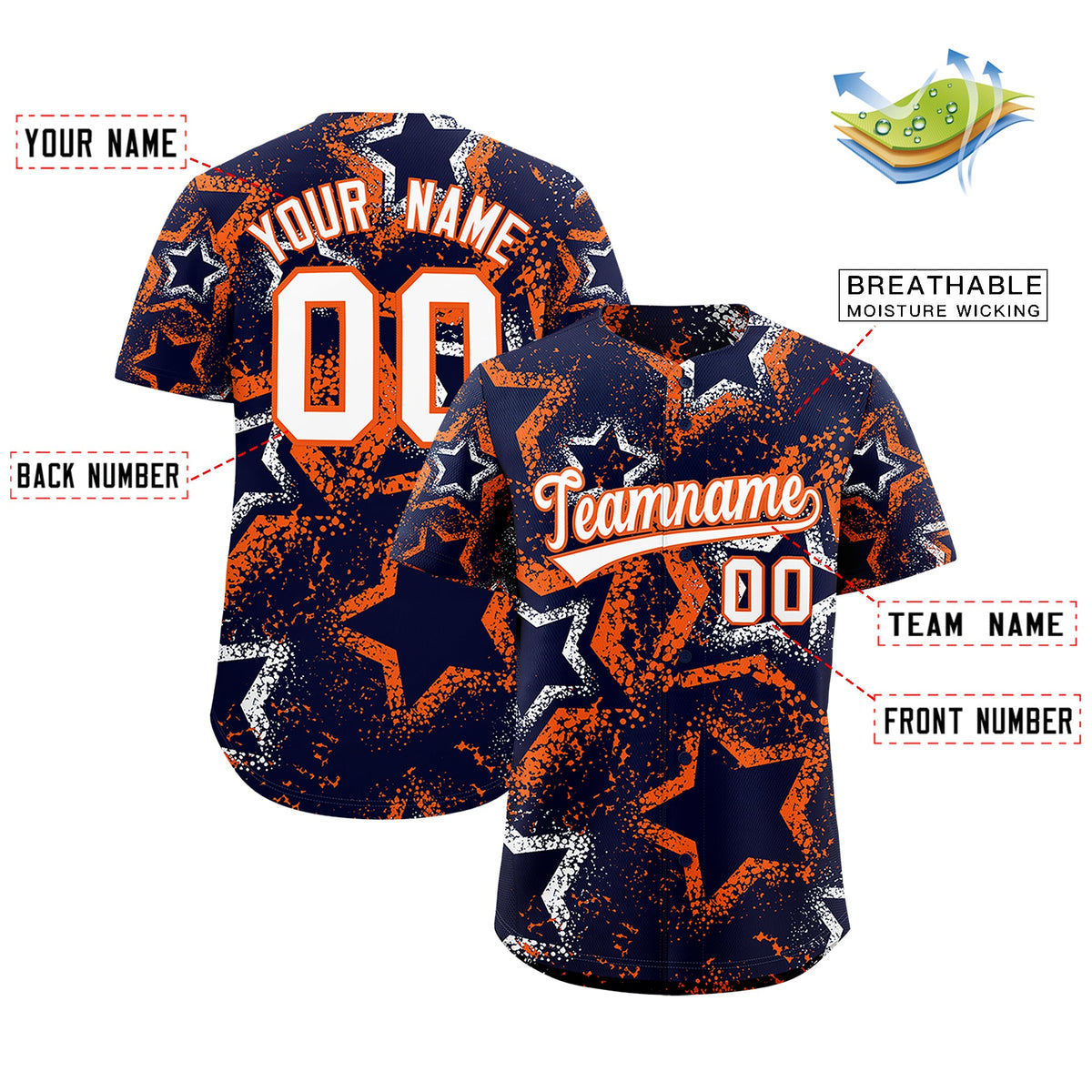 Custom Navy White Orange Star-Shaped Ink Texture Graffiti Pattern Baseball Jersey | Sublimation Printed & Stitched,Add Name and Numbern,Perfect for Parties,Perfect for Training | KXKSHOP