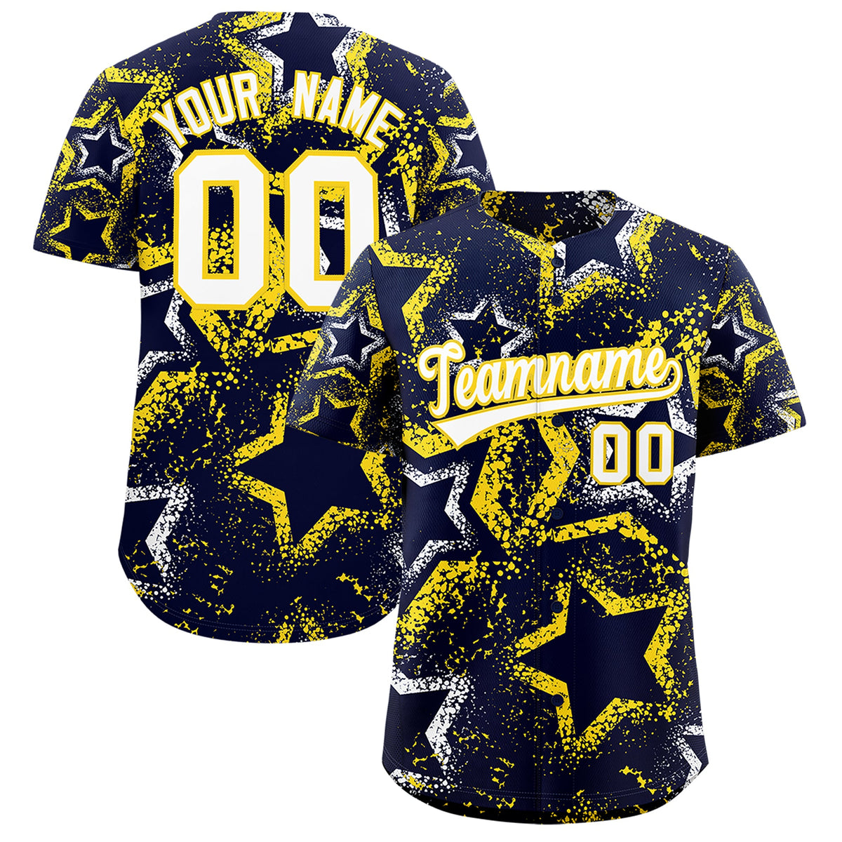 Custom Navy White Gold Star-Shaped Ink Texture Graffiti Pattern Baseball Jersey | Sublimation Printed & Stitched,Add Name and Numbern,Perfect for Parties,Perfect for Training | KXKSHOP