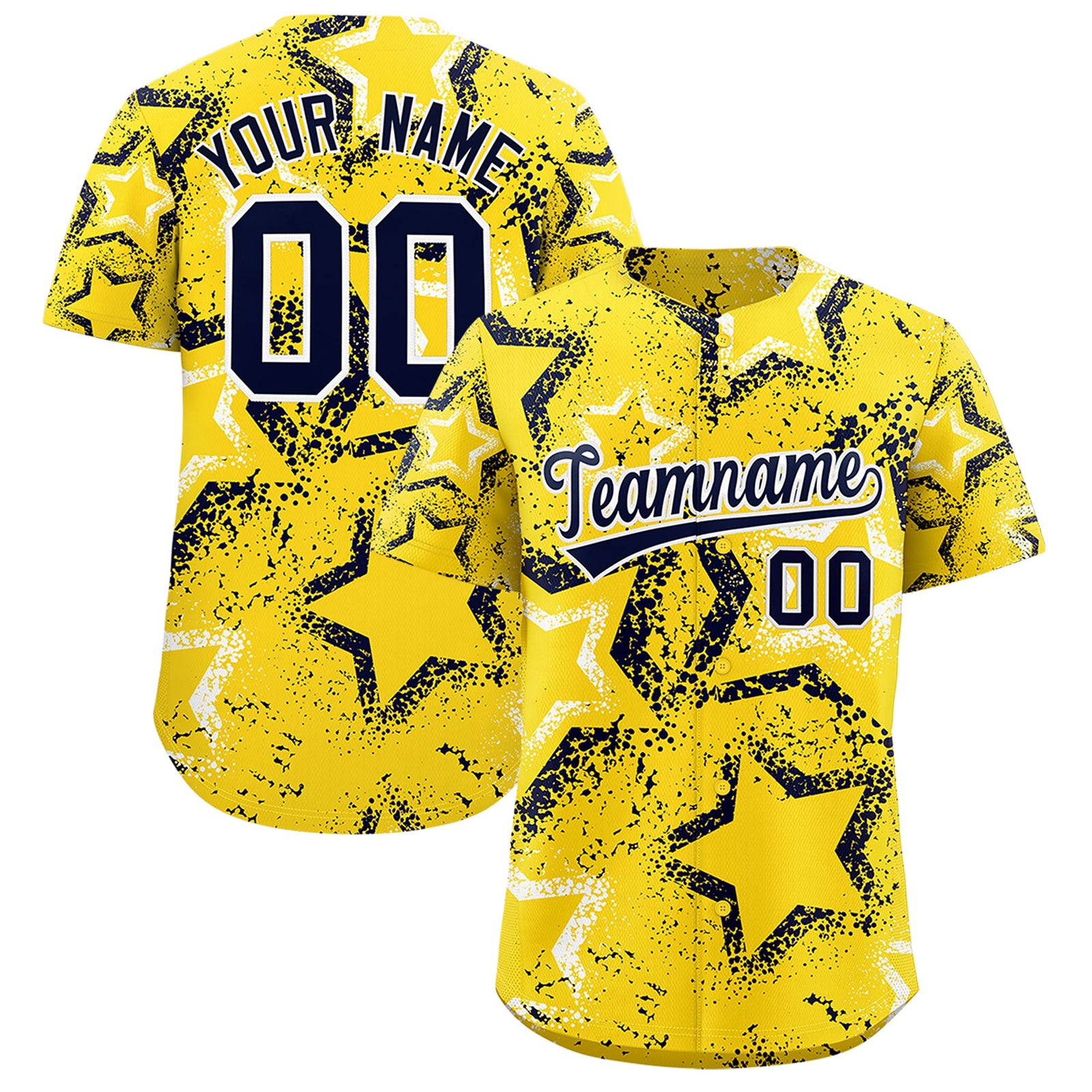 Custom Gold White Navy Star-Shaped Ink Texture Graffiti Pattern Baseball Jersey | Sublimation Printed & Stitched,Add Name and Numbern,Perfect for Parties,Perfect for Training | KXKSHOP