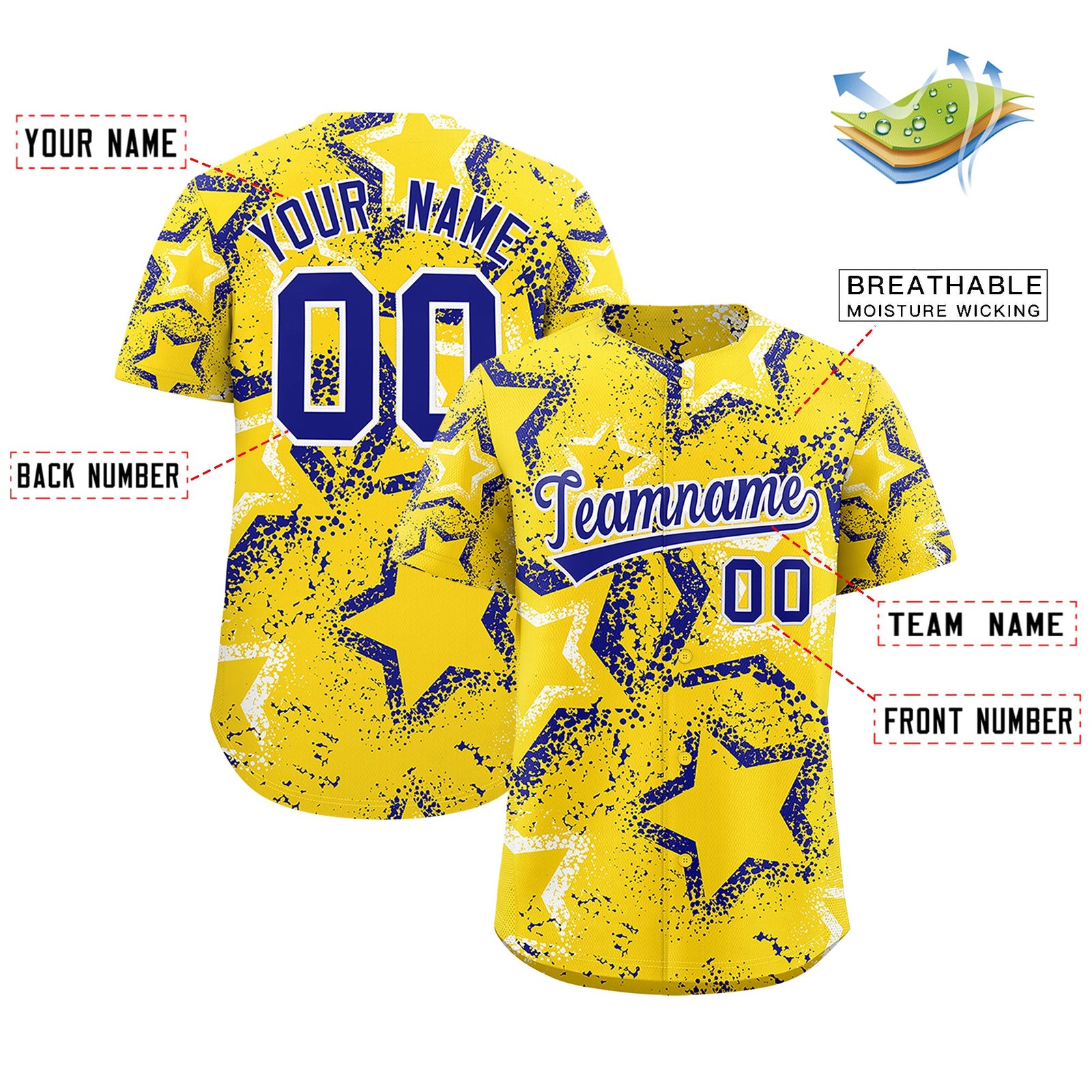 Custom Gold White Royal Blue Star-Shaped Ink Texture Graffiti Pattern Baseball Jersey | Sublimation Printed & Stitched,Add Name and Numbern,Perfect for Parties,Perfect for Training | KXKSHOP