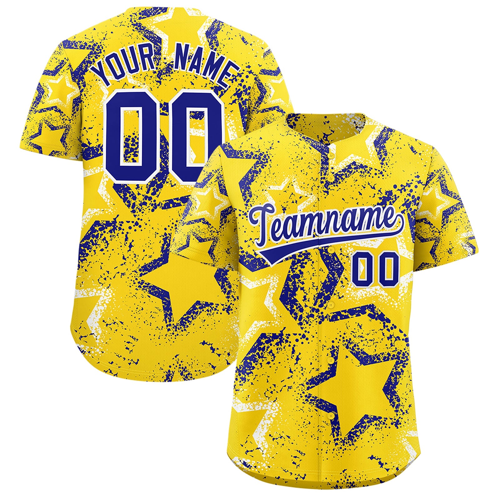 Custom Gold White Royal Blue Star-Shaped Ink Texture Graffiti Pattern Baseball Jersey | Sublimation Printed & Stitched,Add Name and Numbern,Perfect for Parties,Perfect for Training | KXKSHOP