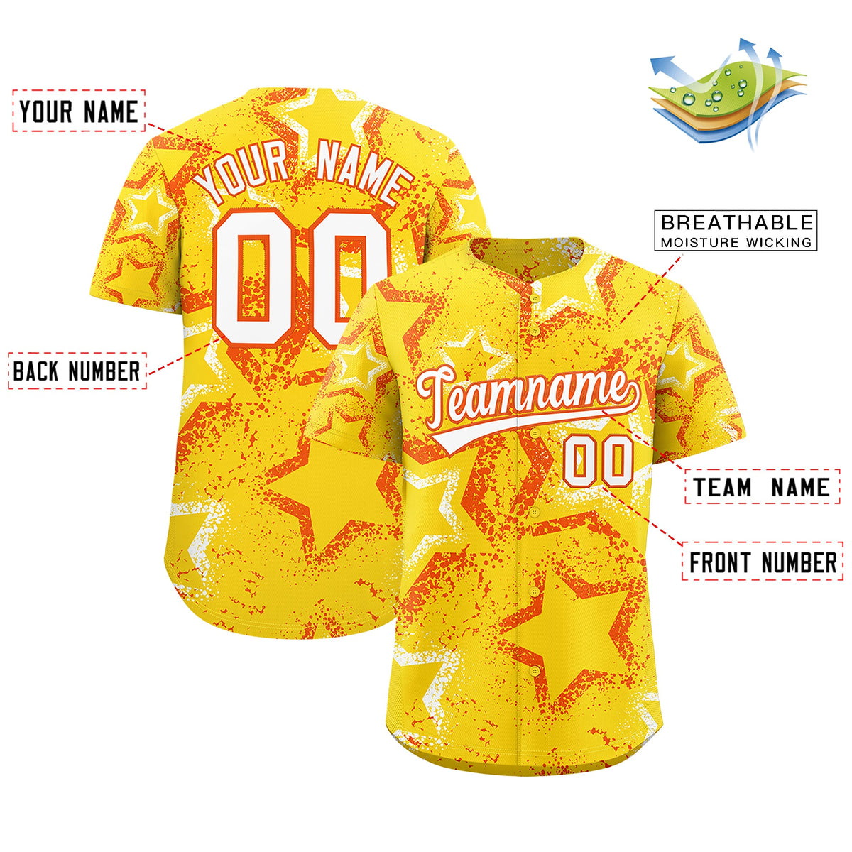 Custom Gold Orange White Star-Shaped Ink Texture Graffiti Pattern Baseball Jersey | Sublimation Printed & Stitched,Add Name and Numbern,Perfect for Parties,Perfect for Training | KXKSHOP