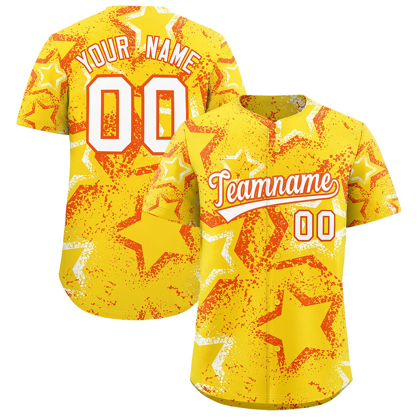 Custom Gold Orange White Star-Shaped Ink Texture Graffiti Pattern Baseball Jersey | Sublimation Printed & Stitched,Add Name and Numbern,Perfect for Parties,Perfect for Training | KXKSHOP