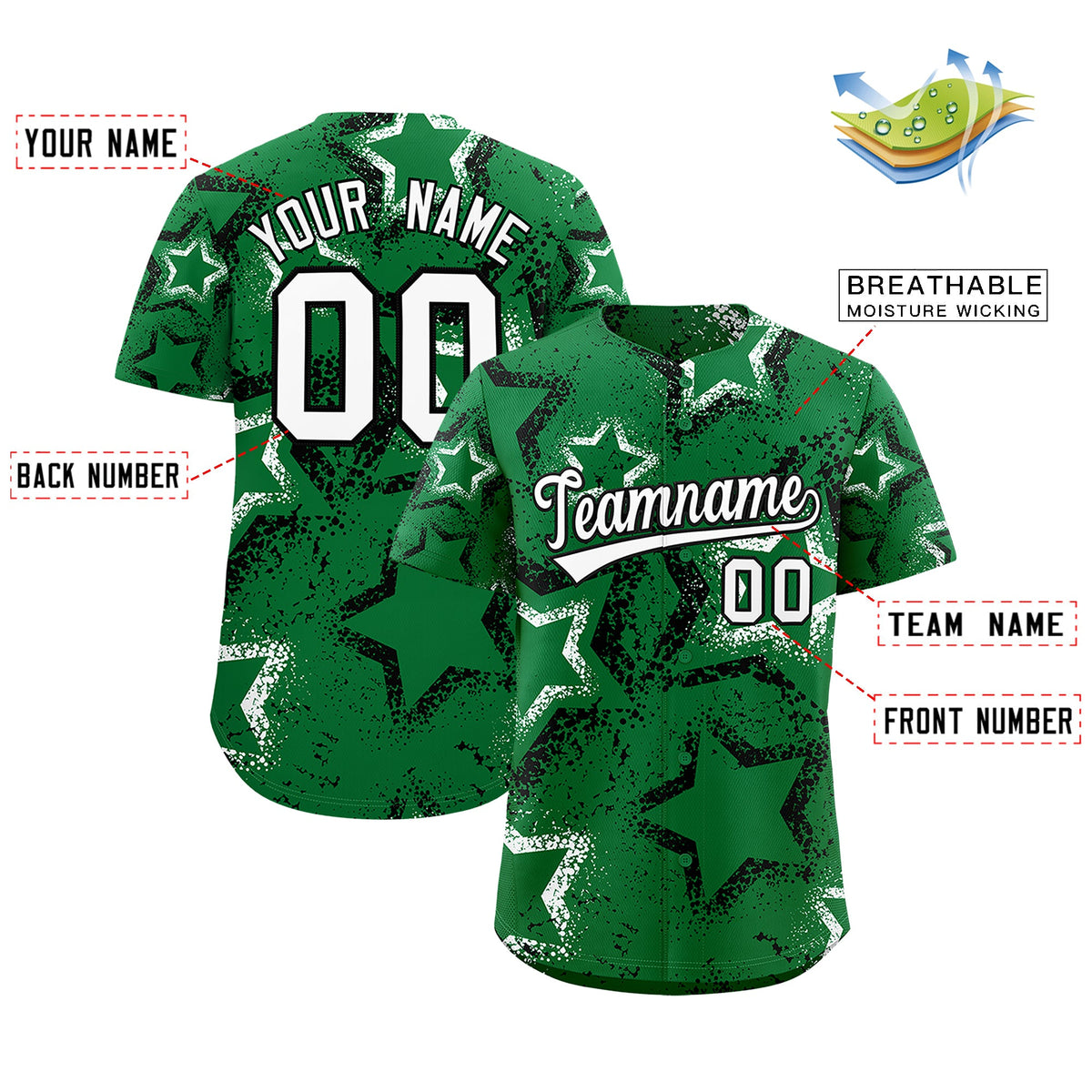 Custom Kelly Green White Star-Shaped Ink Texture Graffiti Pattern Baseball Jersey | Sublimation Printed &amp; Stitched,Add Name and Numbern,Perfect for Parties,Perfect for Training | KXKSHOP
