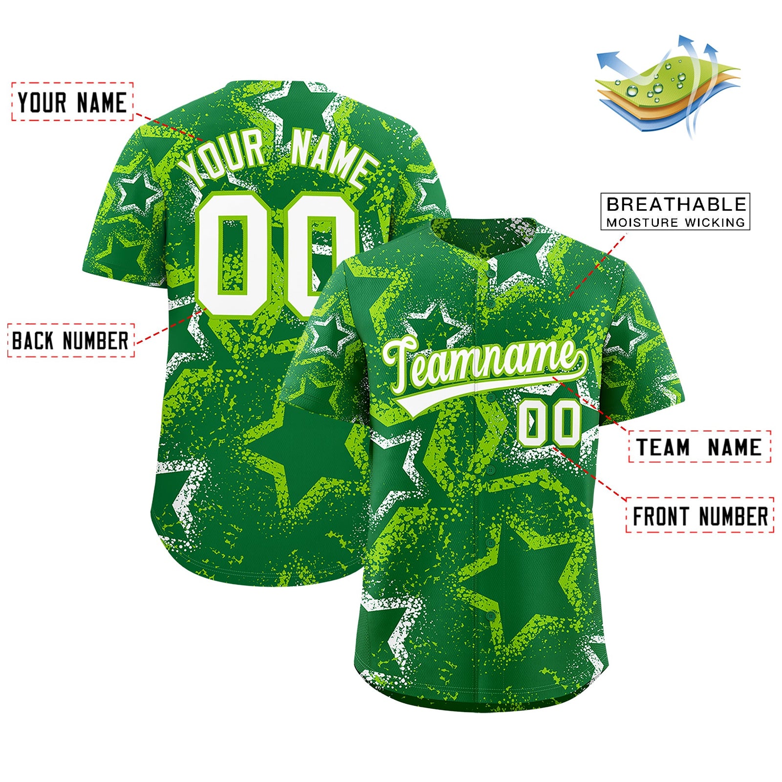 Custom Kelly Green White Neon Green Star-Shaped Ink Texture Graffiti Pattern Baseball Jersey | Sublimation Printed & Stitched,Add Name and Numbern,Perfect for Parties,Perfect for Training | KXKSHOP