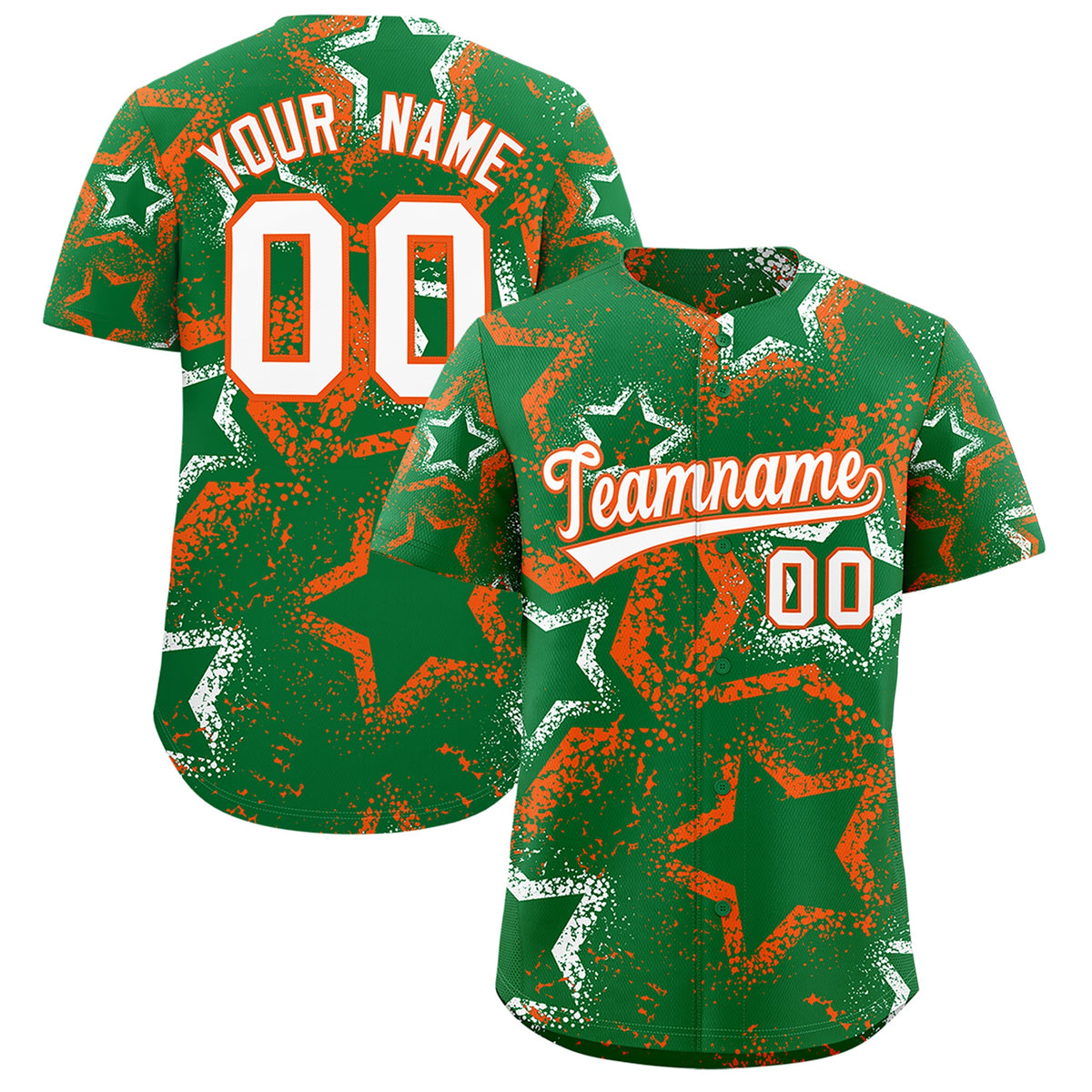 Custom Kelly Green White Orange Star-Shaped Ink Texture Graffiti Pattern Baseball Jersey | Sublimation Printed &amp; Stitched,Add Name and Numbern,Perfect for Parties,Perfect for Training | KXKSHOP