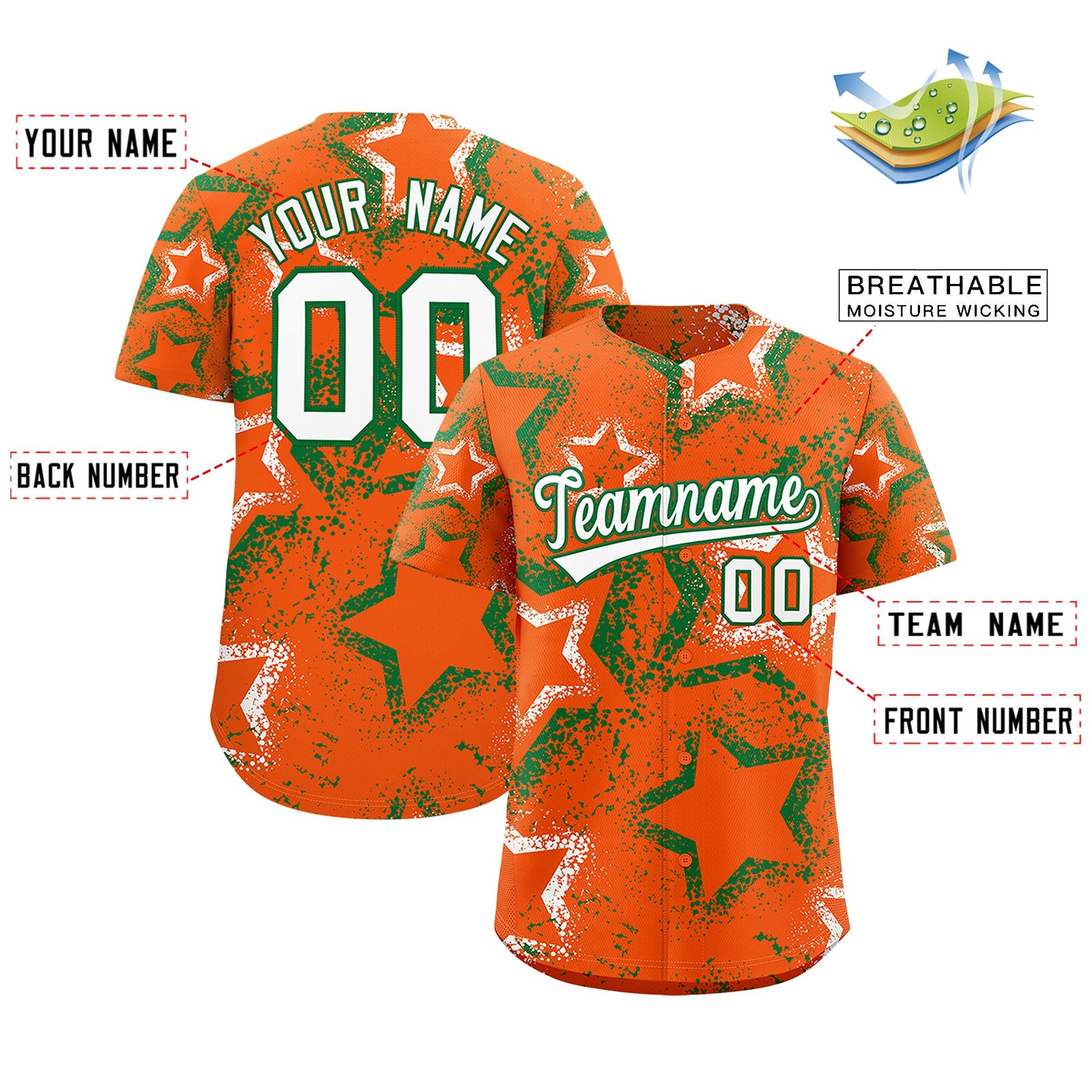 Custom Orange White Kelly Green Star-Shaped Ink Texture Graffiti Pattern Baseball Jersey | Sublimation Printed & Stitched,Add Name and Numbern,Perfect for Parties,Perfect for Training | KXKSHOP
