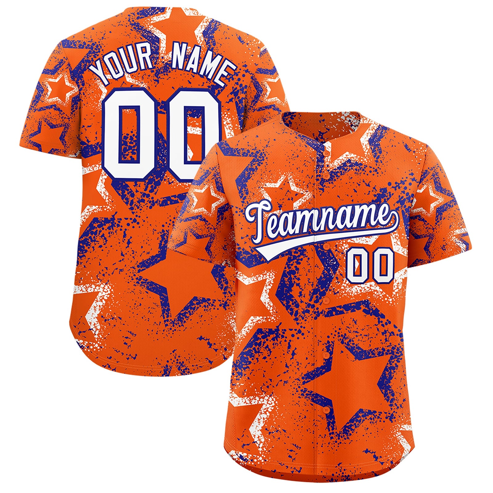 Custom Orange White Royal Blue Star-Shaped Ink Texture Graffiti Pattern Baseball Jersey | Sublimation Printed & Stitched,Add Name and Numbern,Perfect for Parties,Perfect for Training | KXKSHOP
