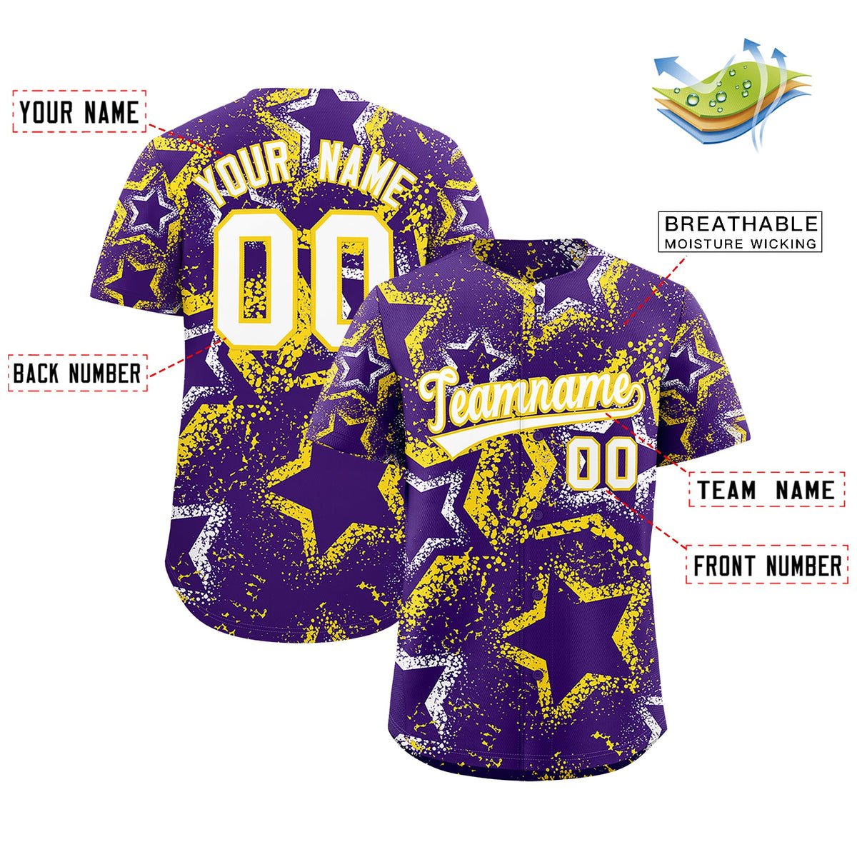 Custom Purple White Gold Star-Shaped Ink Texture Graffiti Pattern Baseball Jersey | Sublimation Printed & Stitched,Add Name and Numbern,Perfect for Parties,Perfect for Training | KXKSHOP