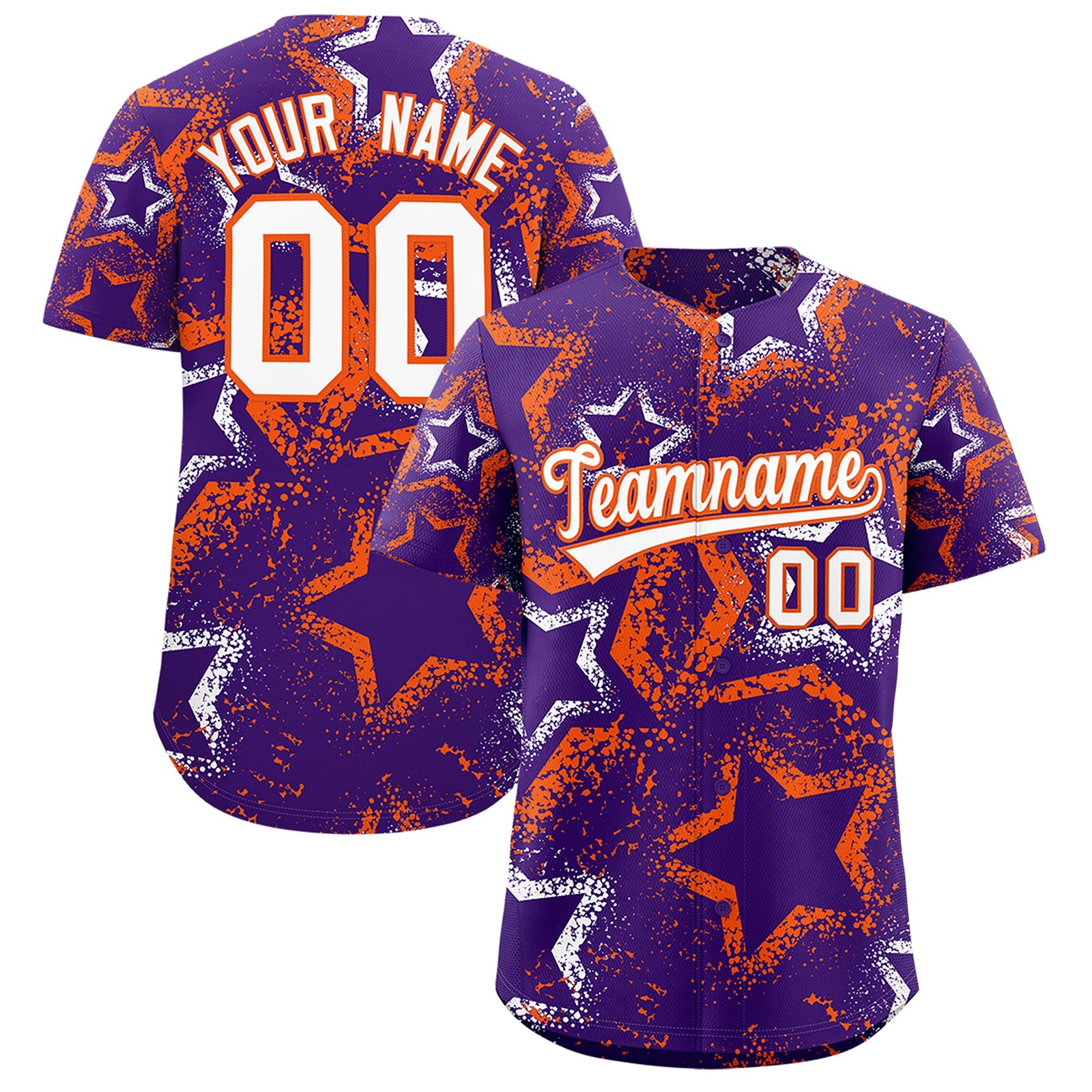 Custom Purple White Orange Star-Shaped Ink Texture Graffiti Pattern Baseball Jersey | Sublimation Printed & Stitched,Add Name and Numbern,Perfect for Parties,Perfect for Training | KXKSHOP