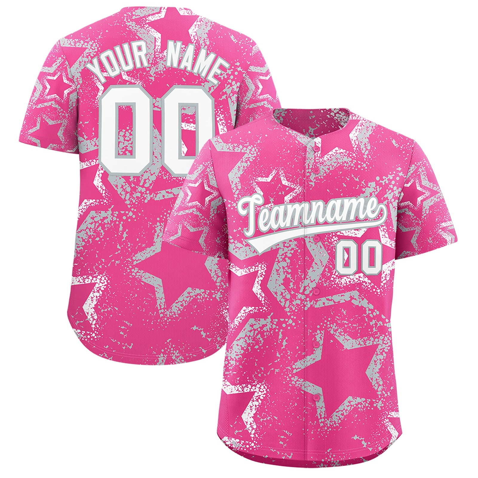 Custom Pink White Silver Star-Shaped Ink Texture Graffiti Pattern Baseball Jersey | Sublimation Printed & Stitched,Add Name and Numbern,Perfect for Parties,Perfect for Training | KXKSHOP