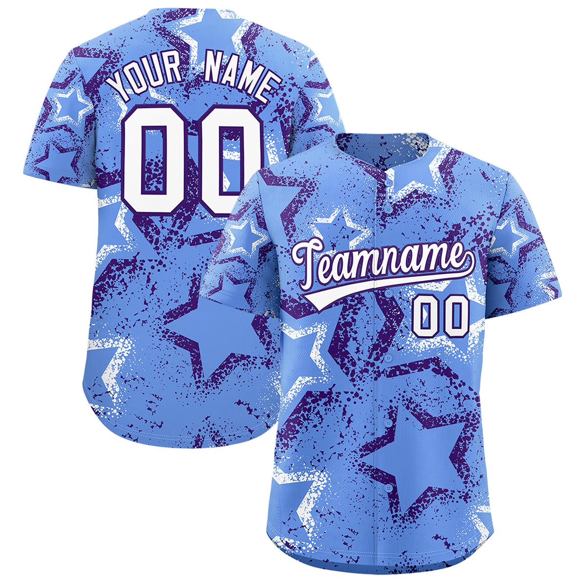 Custom Light Blue White Purple Star-Shaped Ink Texture Graffiti Pattern Baseball Jersey | Sublimation Printed &amp; Stitched,Add Name and Numbern,Perfect for Parties,Perfect for Training | KXKSHOP