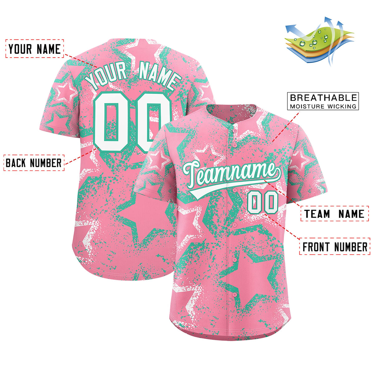 Custom Light Pink White Bright Green Star-Shaped Ink Texture Graffiti Pattern Baseball Jersey | Sublimation Printed &amp; Stitched,Add Name and Numbern,Perfect for Parties,Perfect for Training | KXKSHOP