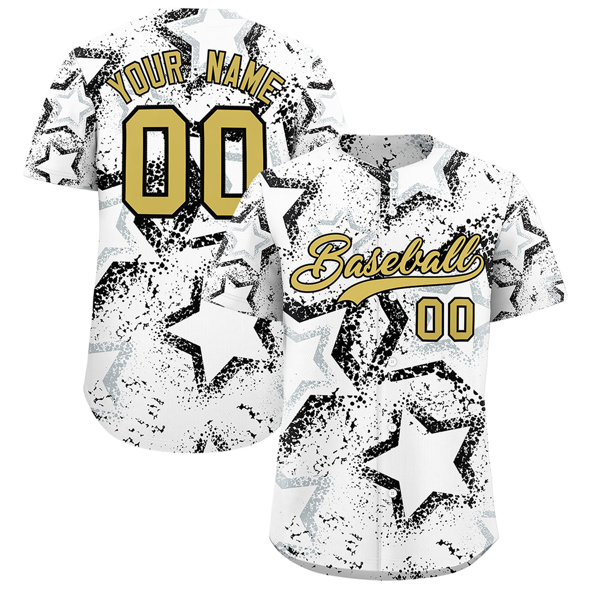 Custom White Silver Old Gold Star-Shaped Ink Texture Graffiti Pattern Baseball Jersey | Sublimation Printed &amp; Stitched,Add Name and Numbern,Perfect for Parties,Perfect for Training | KXKSHOP