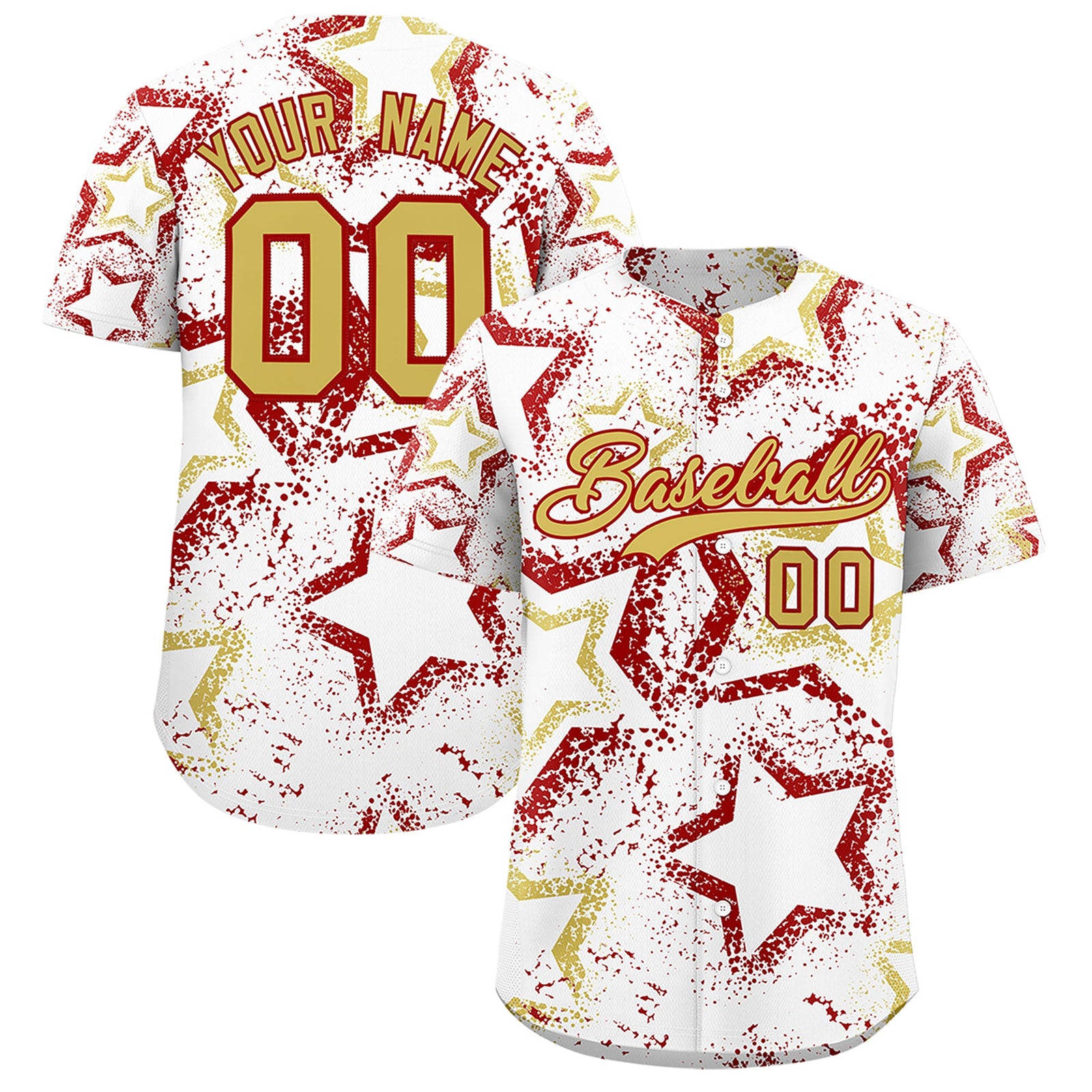 Custom White Old Gold Red Star-Shaped Ink Texture Graffiti Pattern Baseball Jersey | Sublimation Printed & Stitched,Add Name and Numbern,Perfect for Parties,Perfect for Training | KXKSHOP