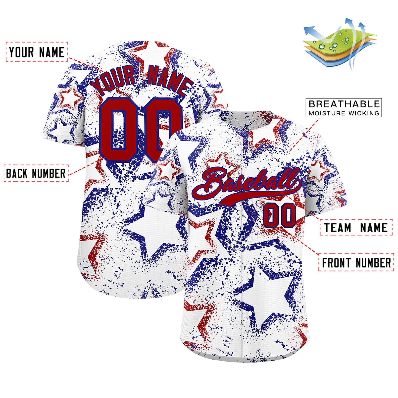 Custom White Royal Blue Red Star-Shaped Ink Texture Graffiti Pattern Baseball Jersey | Sublimation Printed & Stitched,Add Name and Numbern,Perfect for Parties,Perfect for Training | KXKSHOP