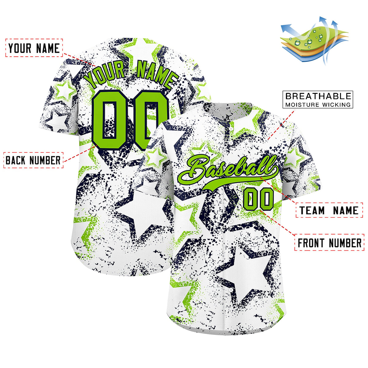 Custom White Neon Green Navy Star-Shaped Ink Texture Graffiti Pattern Baseball Jersey | Sublimation Printed & Stitched,Add Name and Numbern,Perfect for Parties,Perfect for Training | KXKSHOP