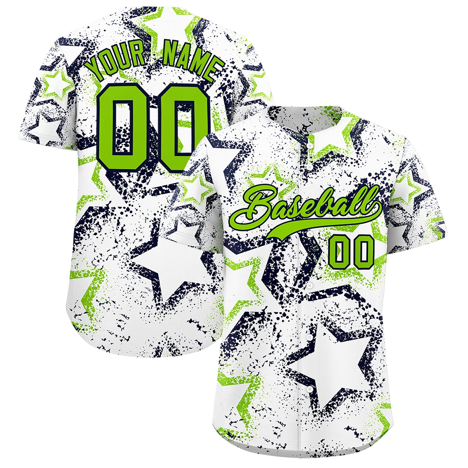 Custom White Neon Green Navy Star-Shaped Ink Texture Graffiti Pattern Baseball Jersey | Sublimation Printed & Stitched,Add Name and Numbern,Perfect for Parties,Perfect for Training | KXKSHOP
