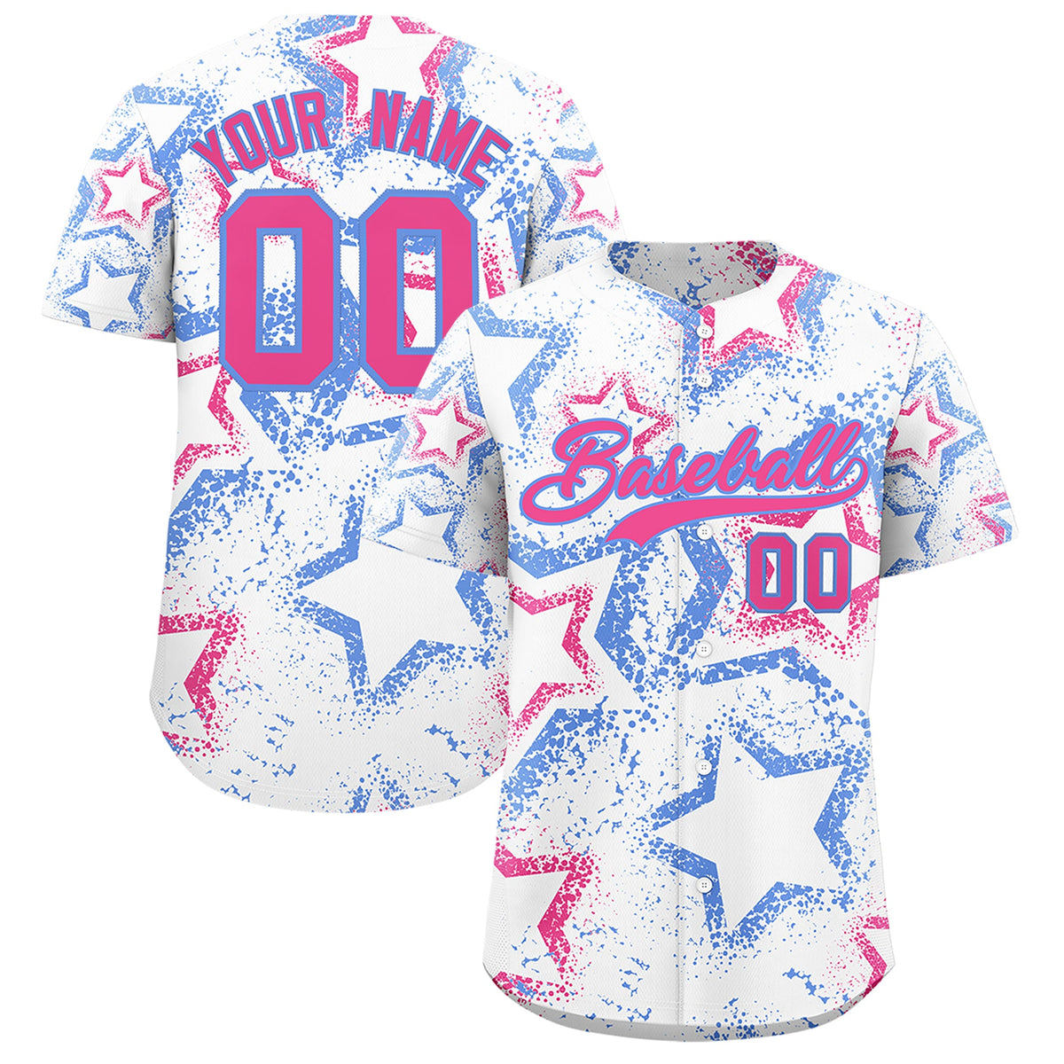 Custom White Light Blue Pink Star-Shaped Ink Texture Graffiti Pattern Baseball Jersey | Sublimation Printed & Stitched,Add Name and Numbern,Perfect for Parties,Perfect for Training | KXKSHOP