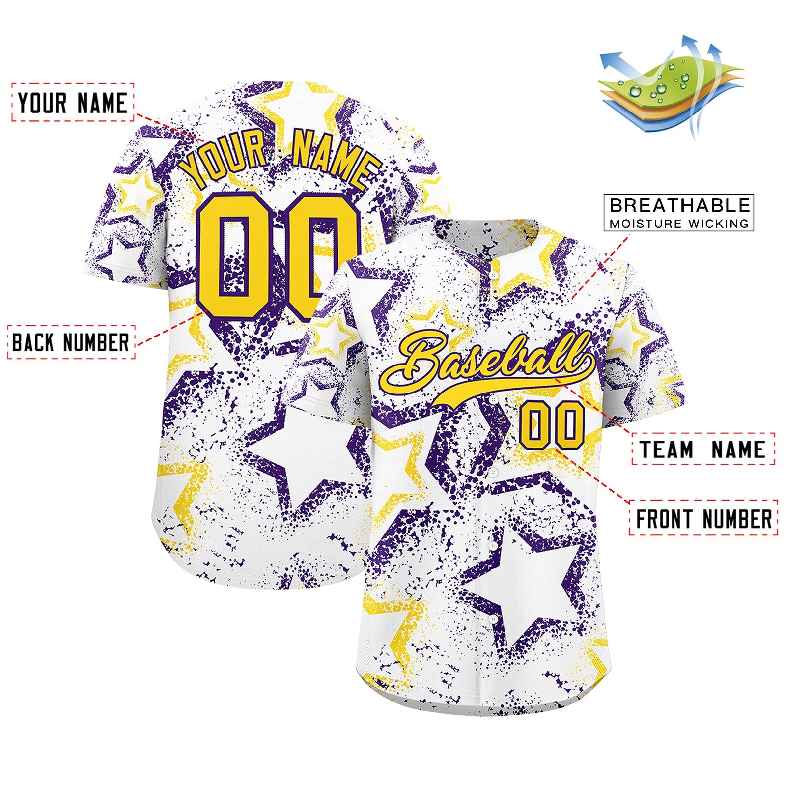 Custom White Gold Purple Star-Shaped Ink Texture Graffiti Pattern Baseball Jersey | Sublimation Printed & Stitched,Add Name and Numbern,Perfect for Parties,Perfect for Training | KXKSHOP