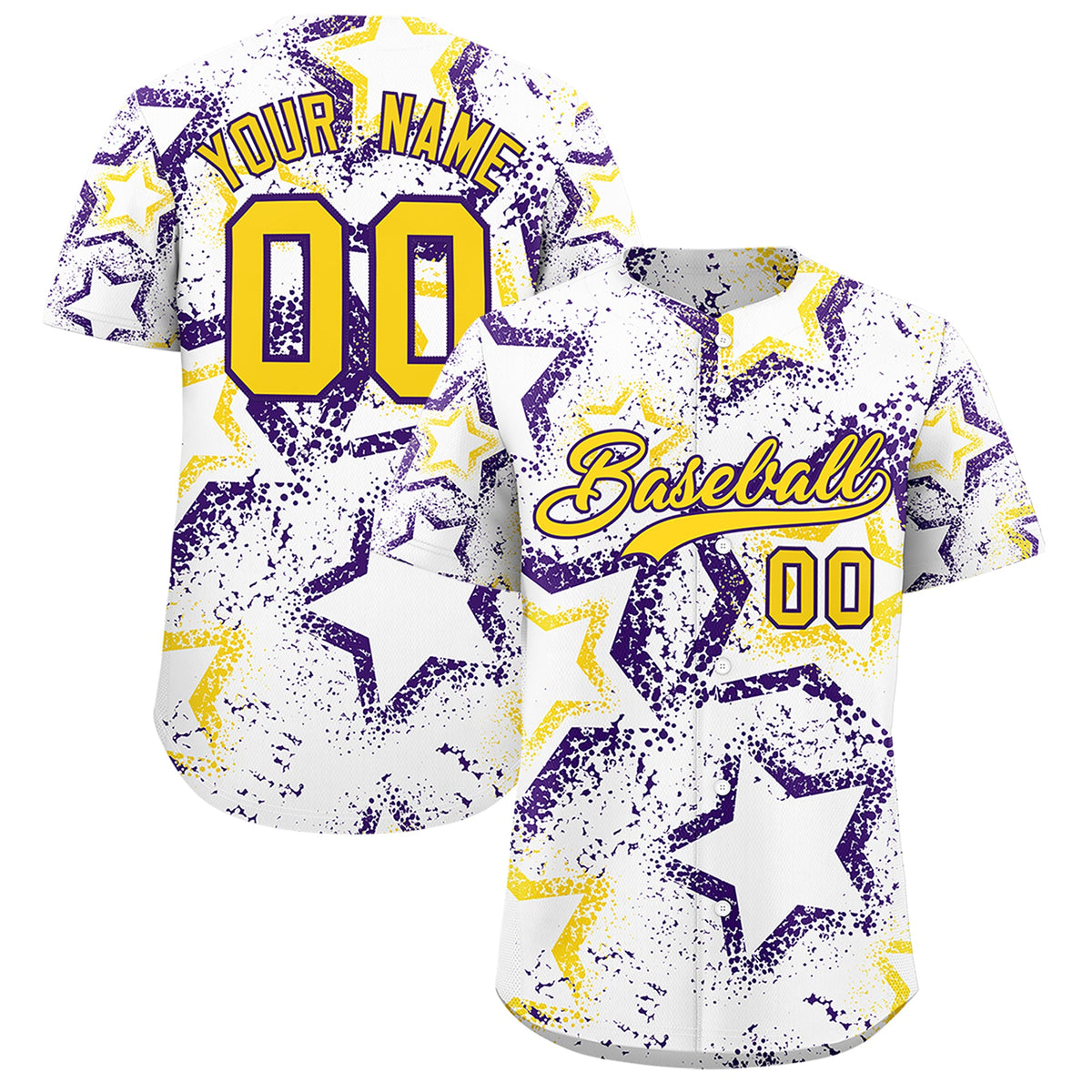 Custom White Gold Purple Star-Shaped Ink Texture Graffiti Pattern Baseball Jersey | Sublimation Printed & Stitched,Add Name and Numbern,Perfect for Parties,Perfect for Training | KXKSHOP