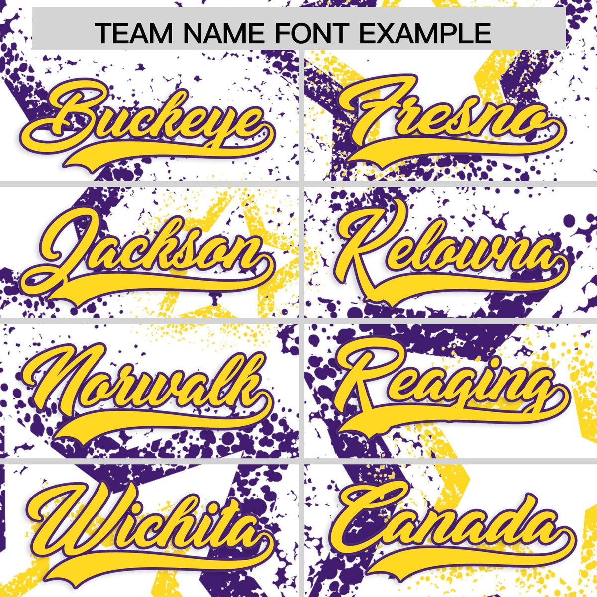 Custom White Gold Purple Star-Shaped Ink Texture Graffiti Pattern Baseball Jersey | Sublimation Printed & Stitched,Add Name and Numbern,Perfect for Parties,Perfect for Training | KXKSHOP