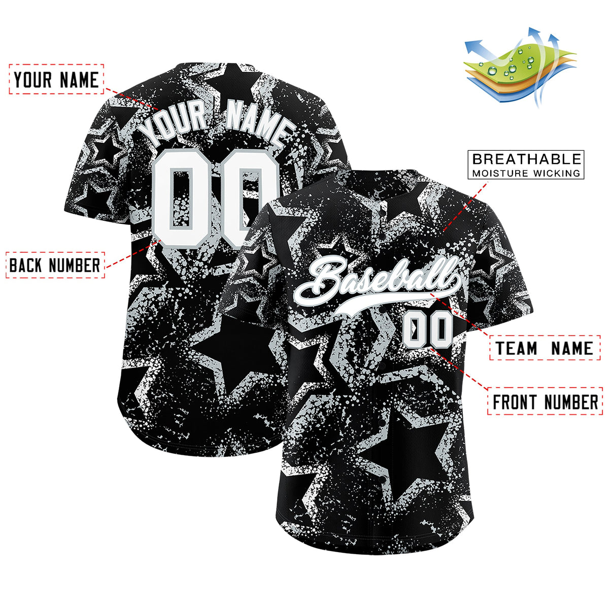 Custom Black White Silver Star-Shaped Ink Texture Graffiti Pattern Baseball Jersey | Sublimation Printed &amp; Stitched,Add Name and Numbern,Perfect for Parties,Perfect for Training | KXKSHOP
