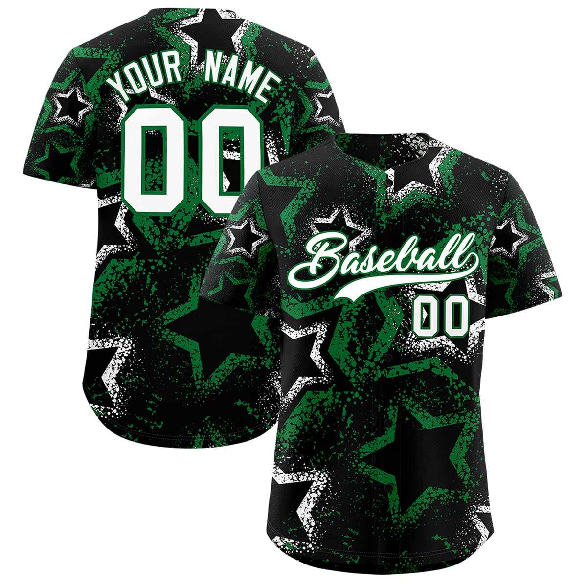 Custom Black White Kelly Green Star-Shaped Ink Texture Graffiti Pattern Baseball Jersey | Sublimation Printed &amp; Stitched,Add Name and Numbern,Perfect for Parties,Perfect for Training | KXKSHOP