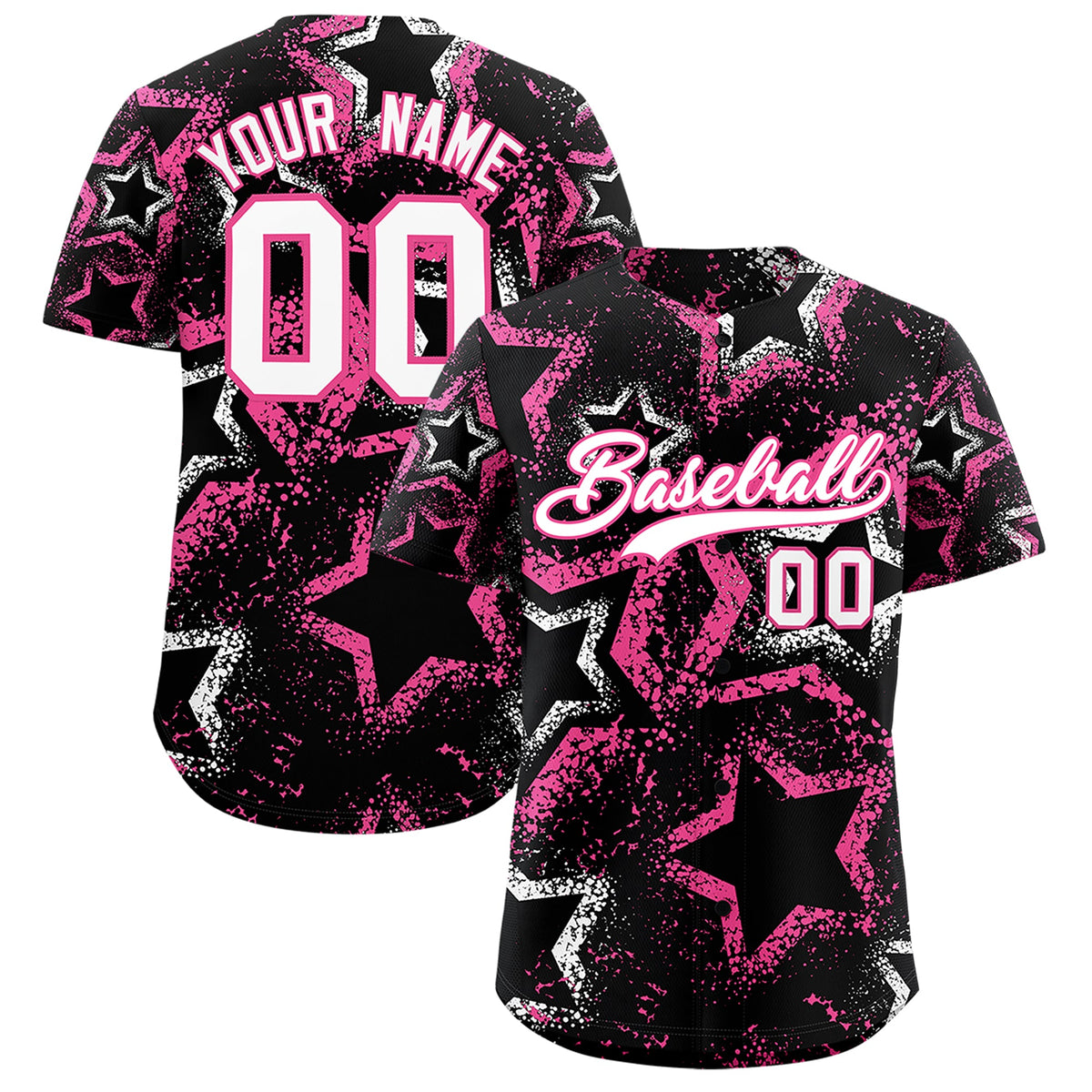 Custom Black White Pink Star-Shaped Ink Texture Graffiti Pattern Baseball Jersey | Sublimation Printed & Stitched,Add Name and Numbern,Perfect for Parties,Perfect for Training | KXKSHOP