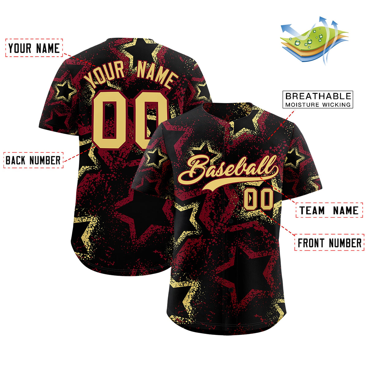 Custom Black Khaki Crimson Star-Shaped Ink Texture Graffiti Pattern Baseball Jersey | Sublimation Printed &amp; Stitched,Add Name and Numbern,Perfect for Parties,Perfect for Training | KXKSHOP