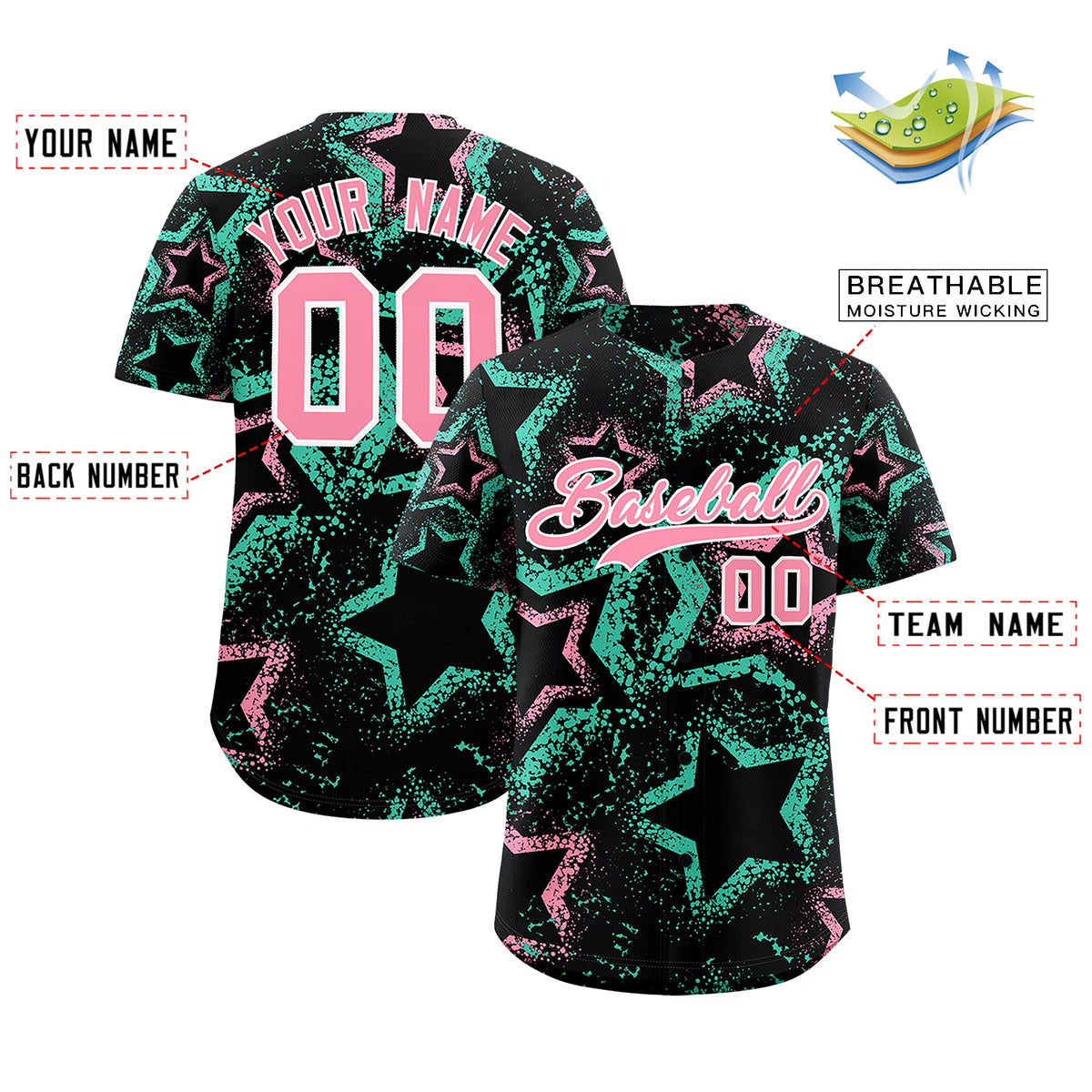 Custom Black Light Pink White Star-Shaped Ink Texture Graffiti Pattern Baseball Jersey | Sublimation Printed & Stitched,Add Name and Numbern,Perfect for Parties,Perfect for Training | KXKSHOP