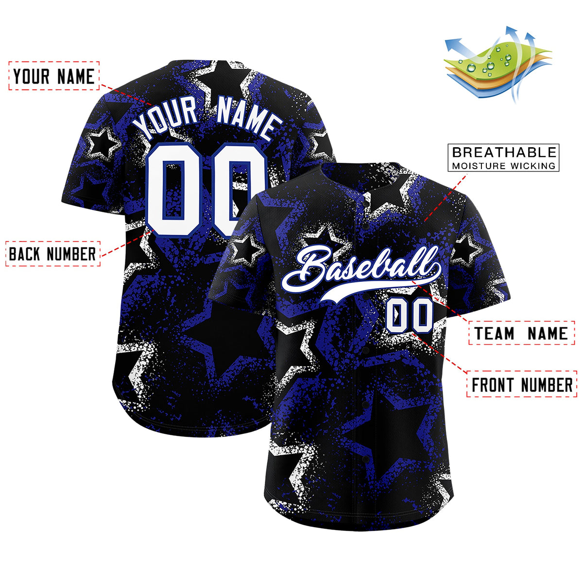 Custom Black White Royal Blue Star-Shaped Ink Texture Graffiti Pattern Baseball Jersey | Sublimation Printed &amp; Stitched,Add Name and Numbern,Perfect for Parties,Perfect for Training | KXKSHOP