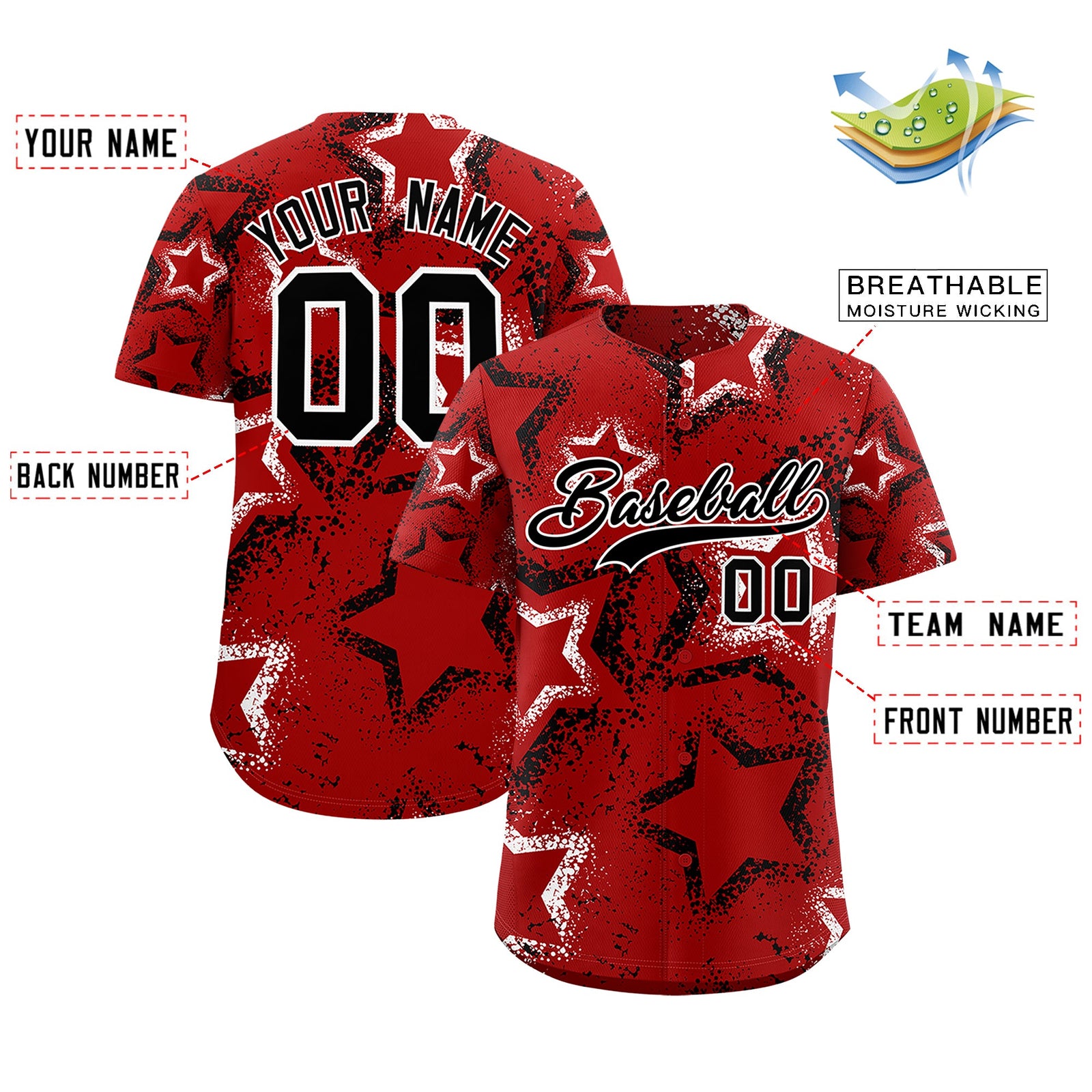 Custom Red White Black Star-Shaped Ink Texture Graffiti Pattern Baseball Jersey | Sublimation Printed & Stitched,Add Name and Numbern,Perfect for Parties,Perfect for Training | KXKSHOP