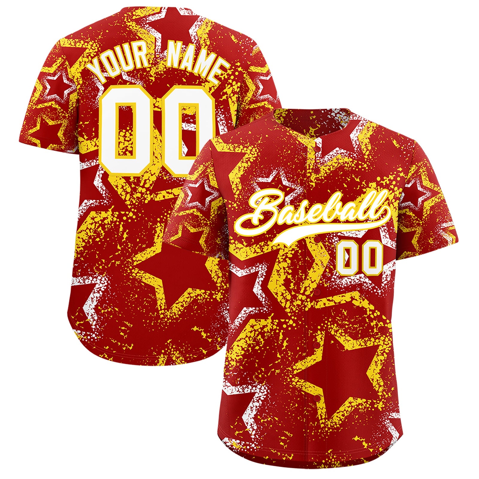 Custom Red White Gold Star-Shaped Ink Texture Graffiti Pattern Baseball Jersey | Sublimation Printed & Stitched,Add Name and Numbern,Perfect for Parties,Perfect for Training | KXKSHOP