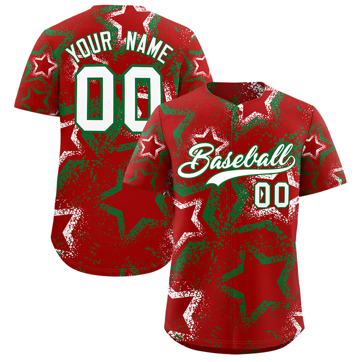 Custom Red White Kelly Green Star-Shaped Ink Texture Graffiti Pattern Baseball Jersey | Sublimation Printed &amp; Stitched,Add Name and Numbern,Perfect for Parties,Perfect for Training | KXKSHOP