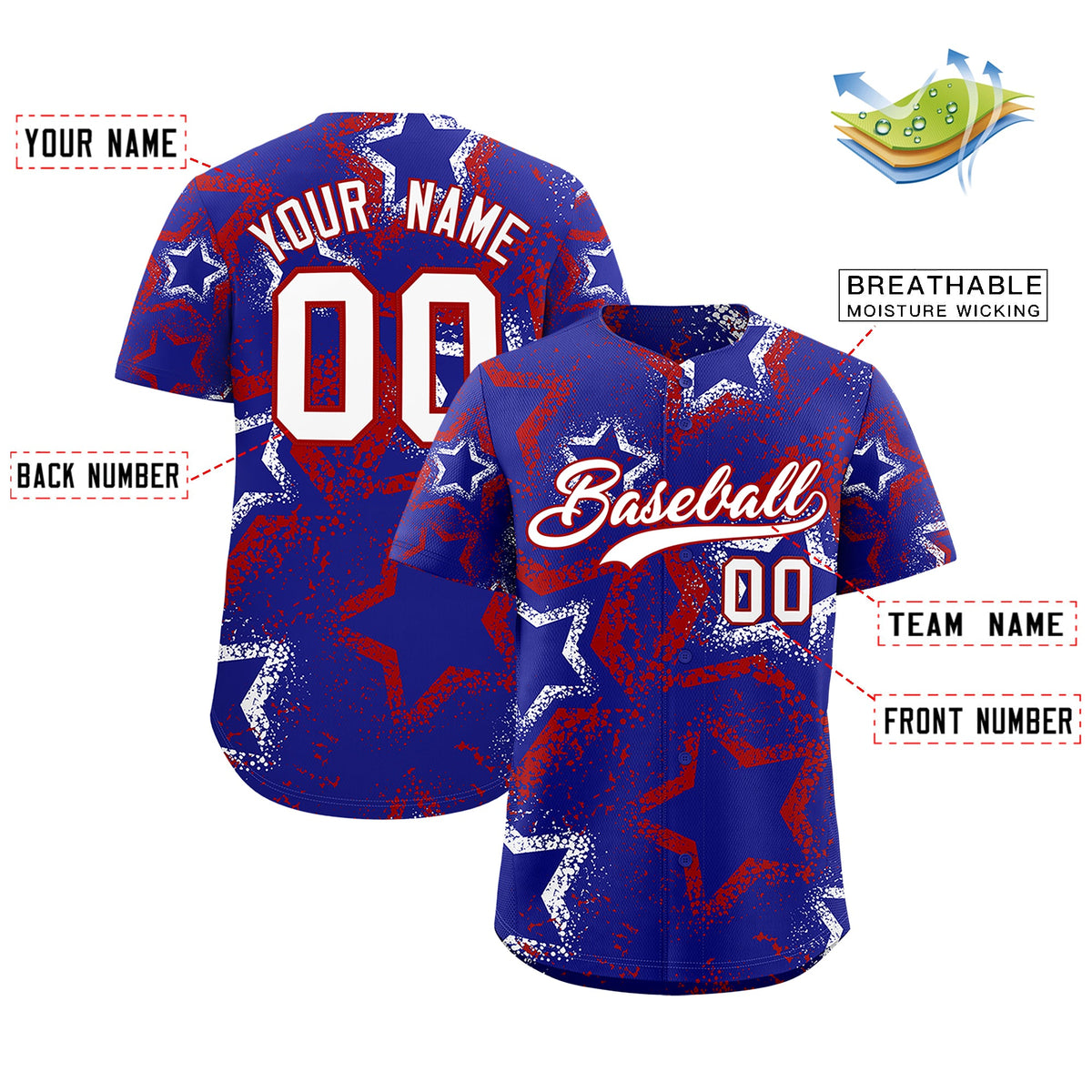 Custom Royal Blue White Red Star-Shaped Ink Texture Graffiti Pattern Baseball Jersey | Sublimation Printed &amp; Stitched,Add Name and Numbern,Perfect for Parties,Perfect for Training | KXKSHOP