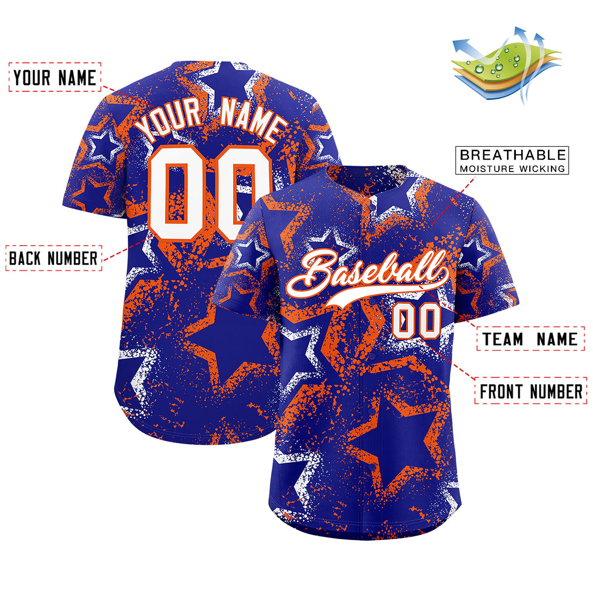 Custom Royal Blue White Orange Star-Shaped Ink Texture Graffiti Pattern Baseball Jersey | Sublimation Printed &amp; Stitched,Add Name and Numbern,Perfect for Parties,Perfect for Training | KXKSHOP