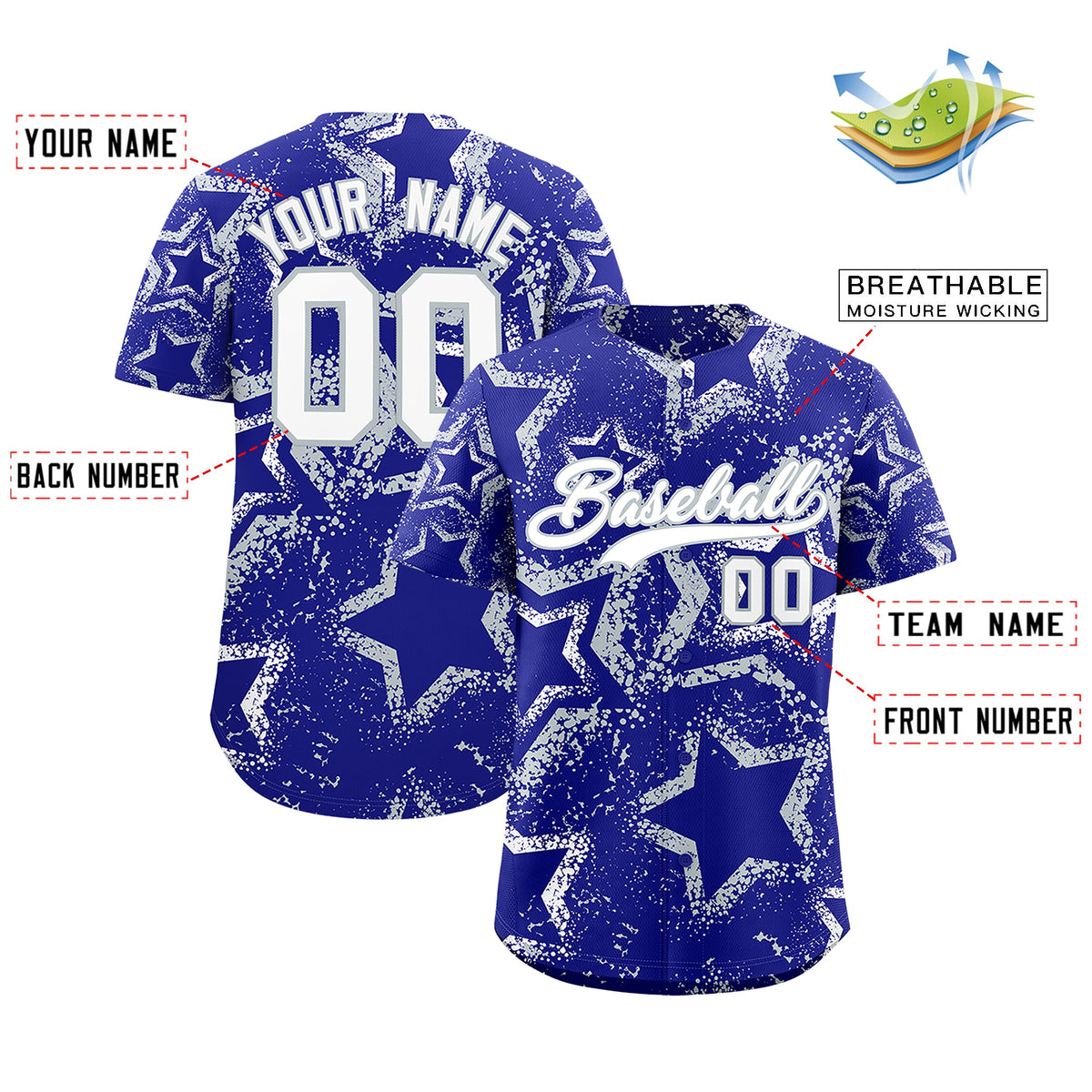 Custom Royal Blue White Silver Star-Shaped Ink Texture Graffiti Pattern Baseball Jersey | Sublimation Printed &amp; Stitched,Add Name and Numbern,Perfect for Parties,Perfect for Training | KXKSHOP