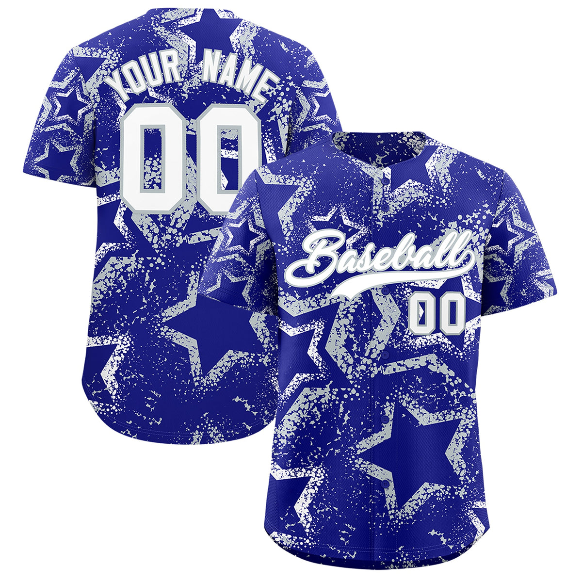 Custom Royal Blue White Silver Star-Shaped Ink Texture Graffiti Pattern Baseball Jersey | Sublimation Printed &amp; Stitched,Add Name and Numbern,Perfect for Parties,Perfect for Training | KXKSHOP