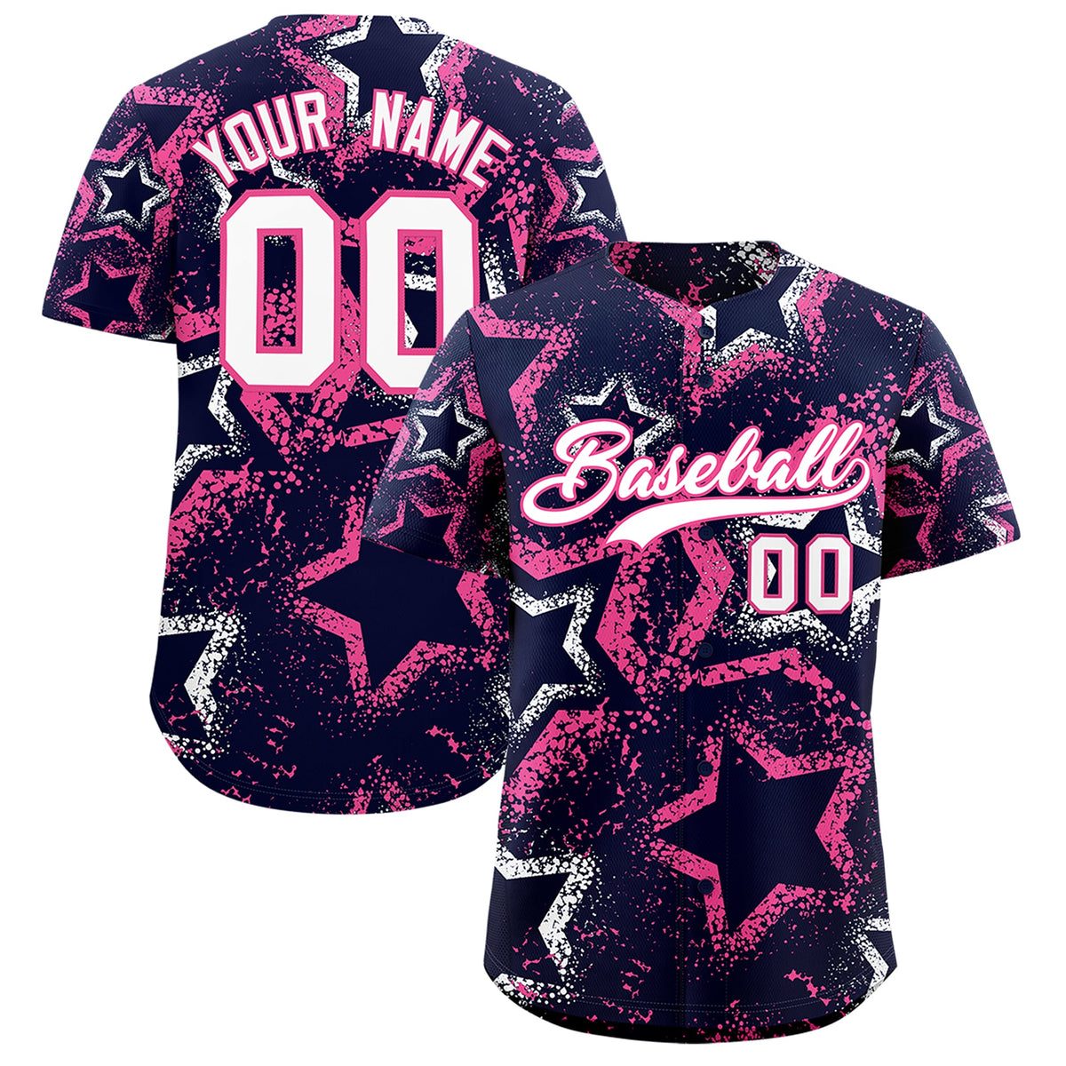 Custom Navy White Pink Star-Shaped Ink Texture Graffiti Pattern Baseball Jersey | Sublimation Printed & Stitched,Add Name and Numbern,Perfect for Parties,Perfect for Training | KXKSHOP